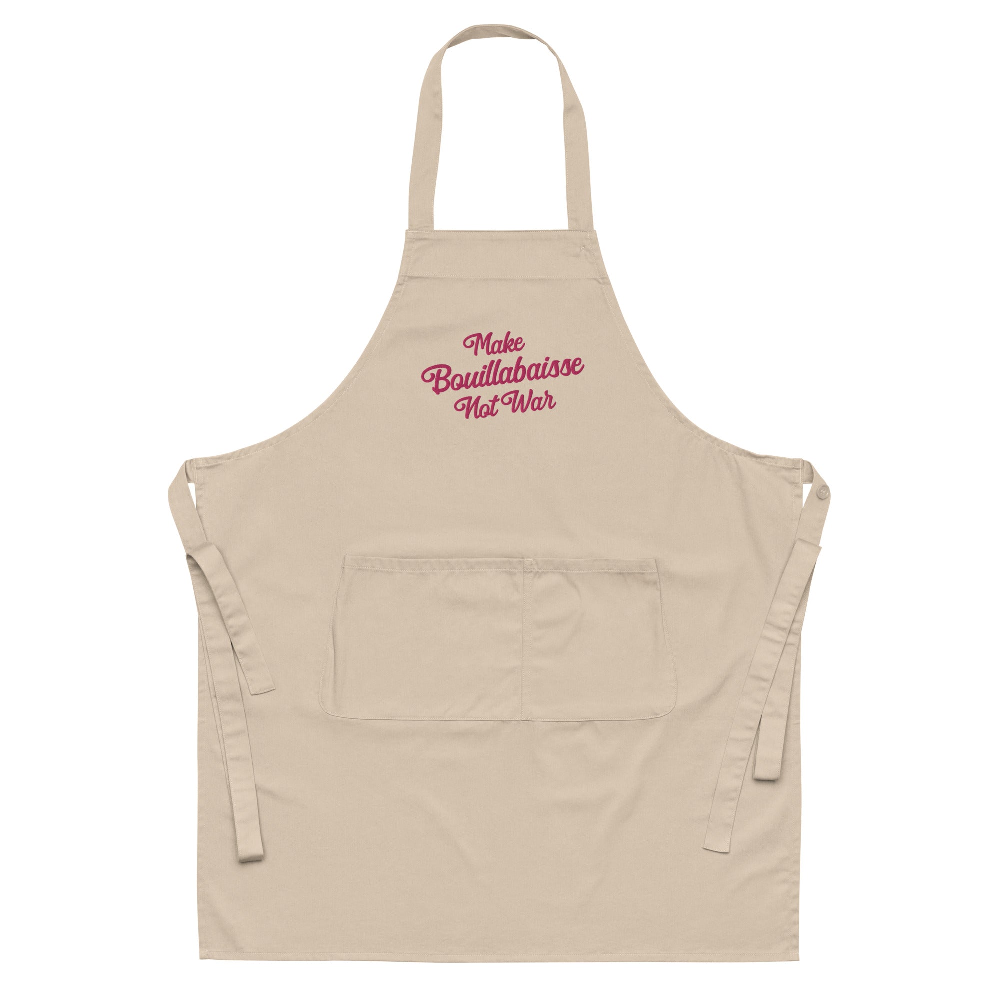 Organic cotton apron Make Bouillabaisse Not War large flamingo embroidered pattern