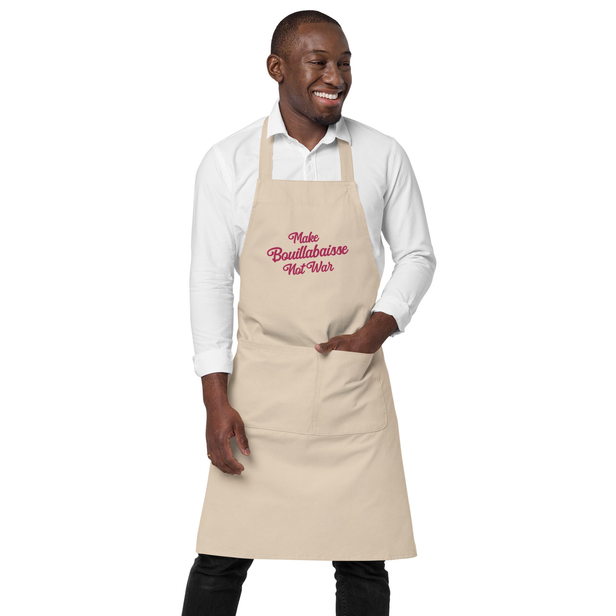 Tablier en coton biologique Make Bouillabaisse Not War Flamingo grand motif brodé