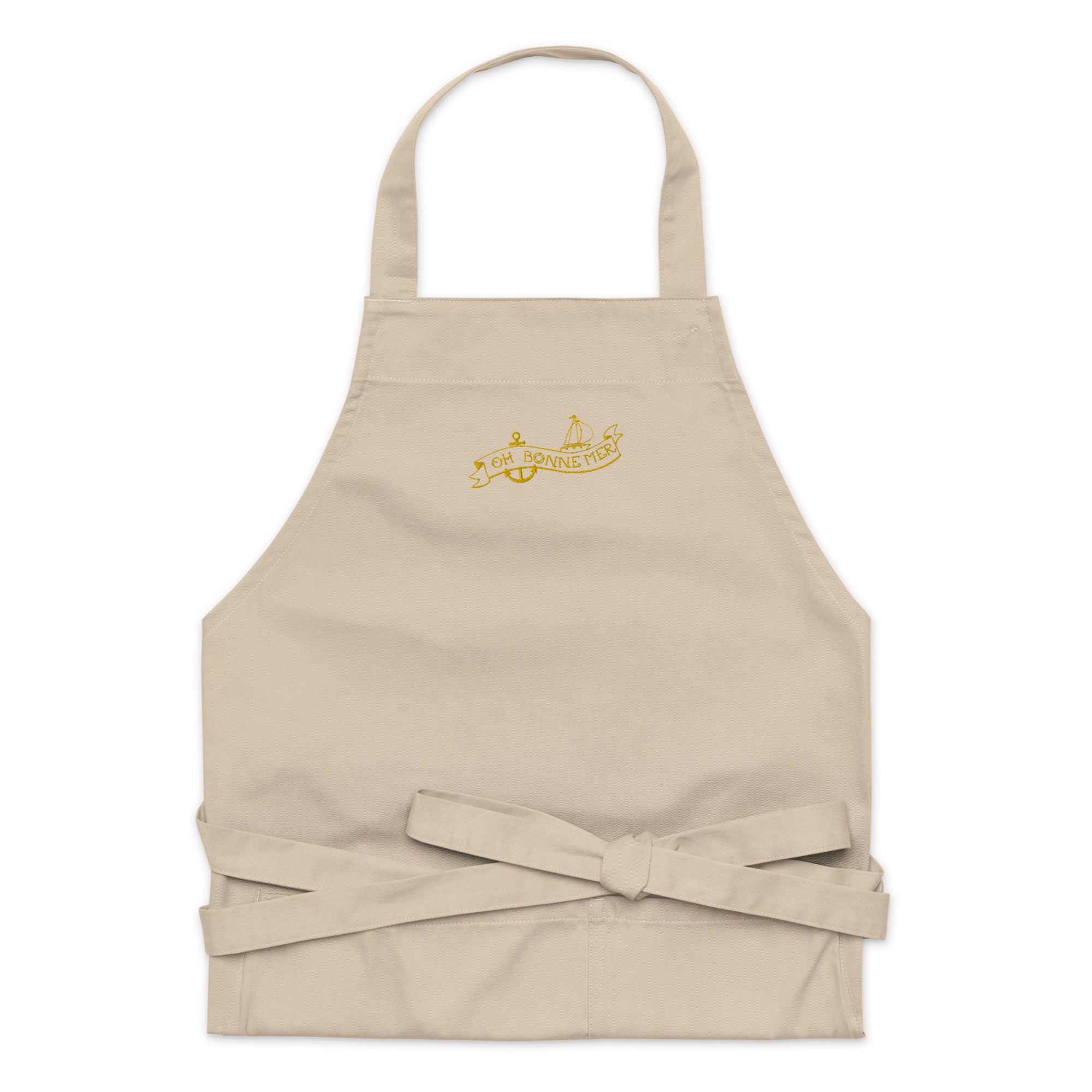 Organic cotton apron Oh Bonne Mer Tattoo gold embroidered pattern