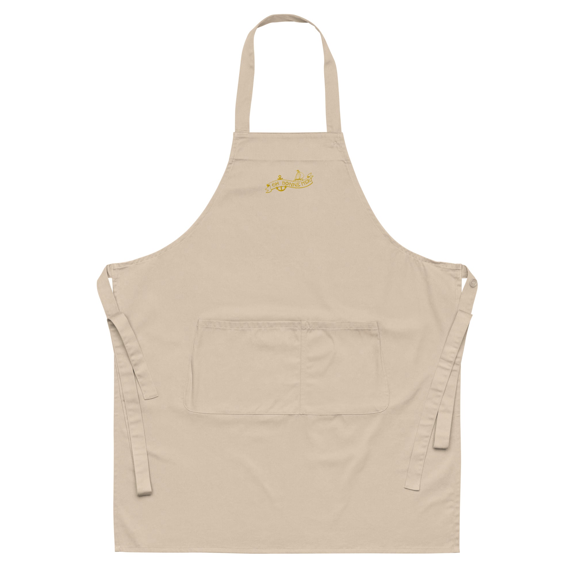 Organic cotton apron Oh Bonne Mer Tattoo gold embroidered pattern