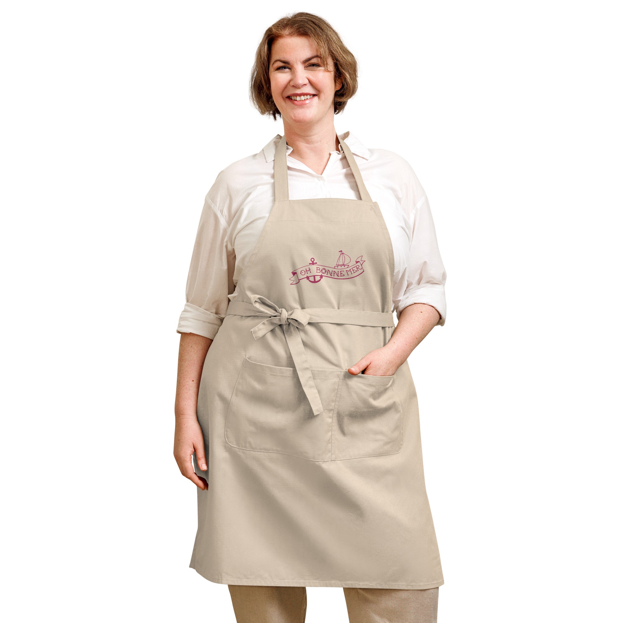 Organic cotton apron Oh Bonne Mer Tattoo flamingo embroidered pattern