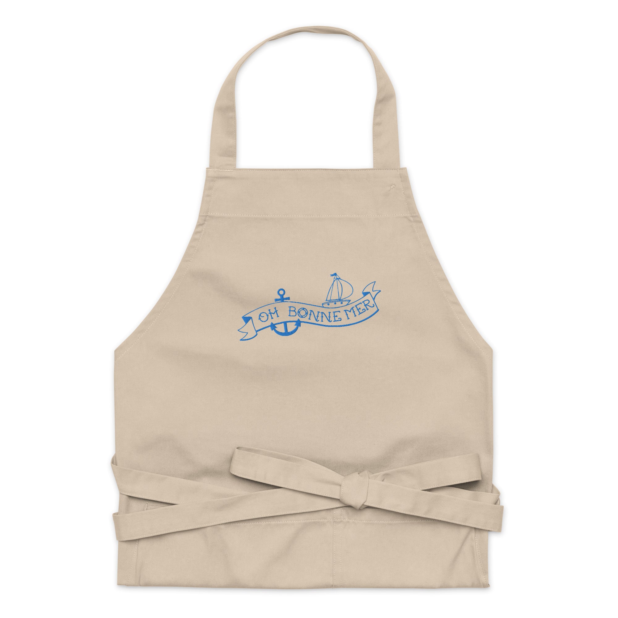 Organic cotton apron Oh Bonne Mer Tattoo blue avio embroidered pattern