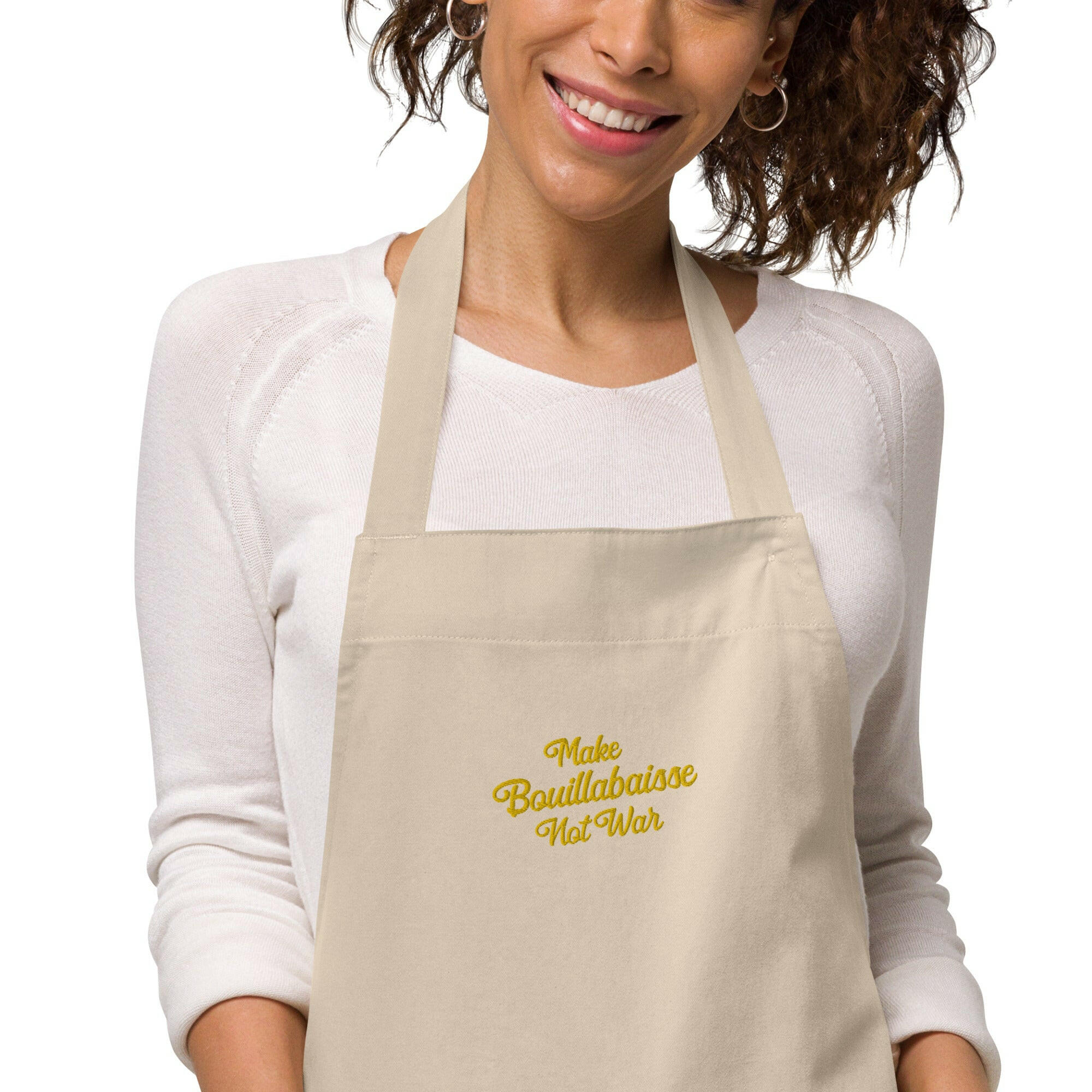 Organic cotton apron Make Bouillabaisse Not War Embroidered pattern