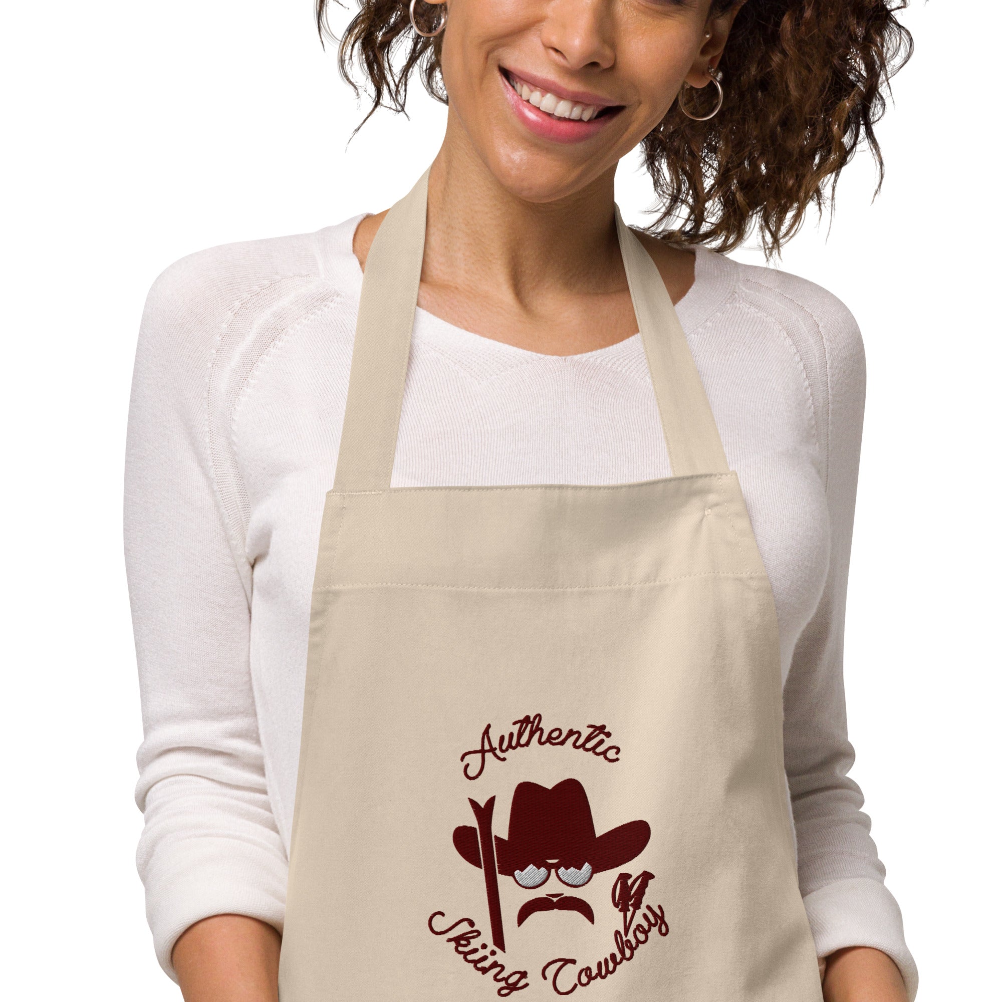 Organic cotton apron Authentic Skiing Cowboy large brown embroidered pattern