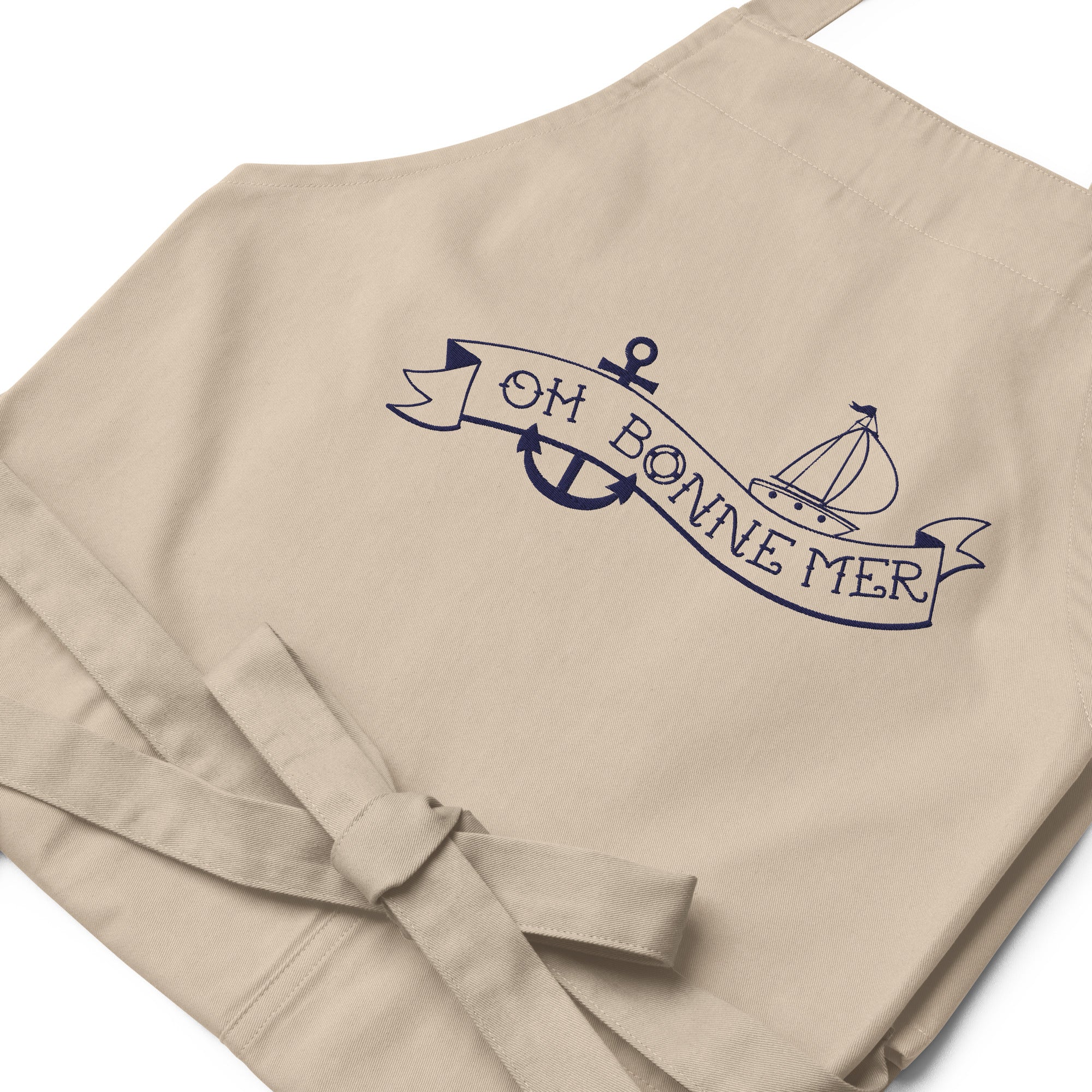 Organic cotton apron Oh Bonne Mer Tattoo large navy embroidered pattern