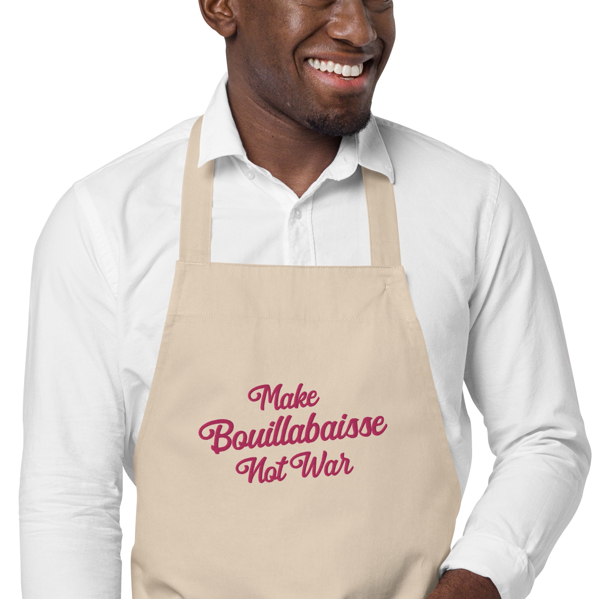 Tablier en coton biologique Make Bouillabaisse Not War Flamingo grand motif brodé