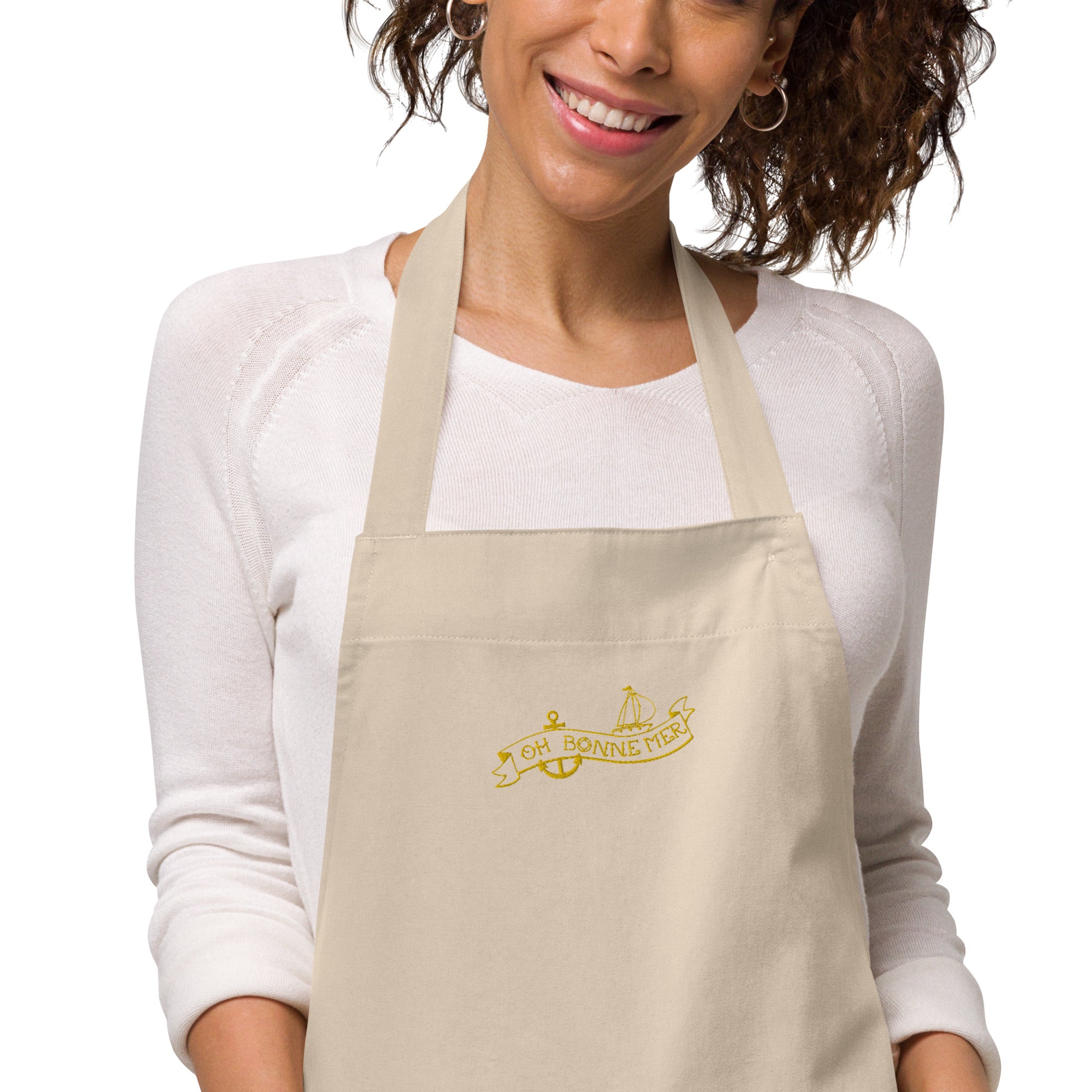 Organic cotton apron Oh Bonne Mer Tattoo gold embroidered pattern