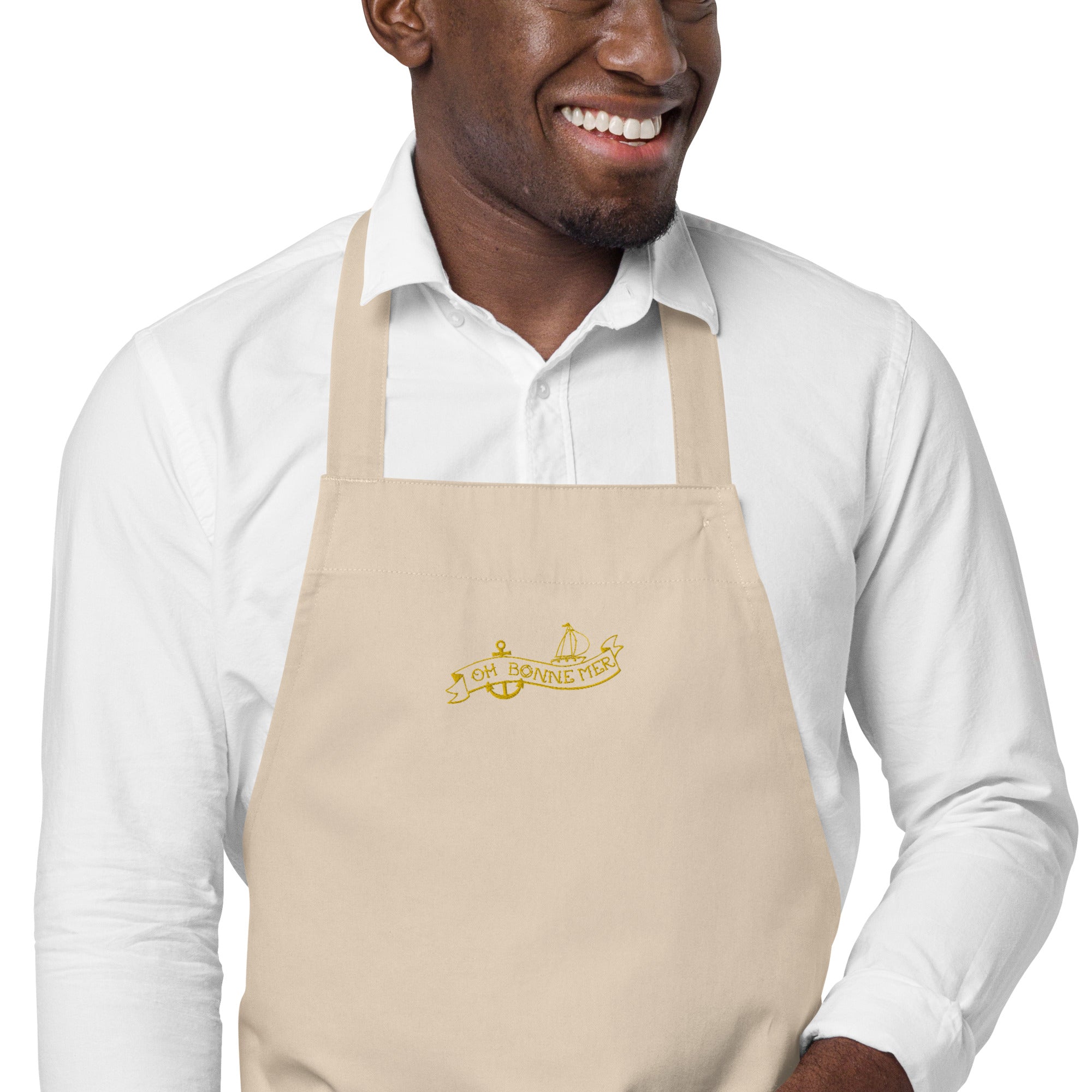 Organic cotton apron Oh Bonne Mer Tattoo gold embroidered pattern