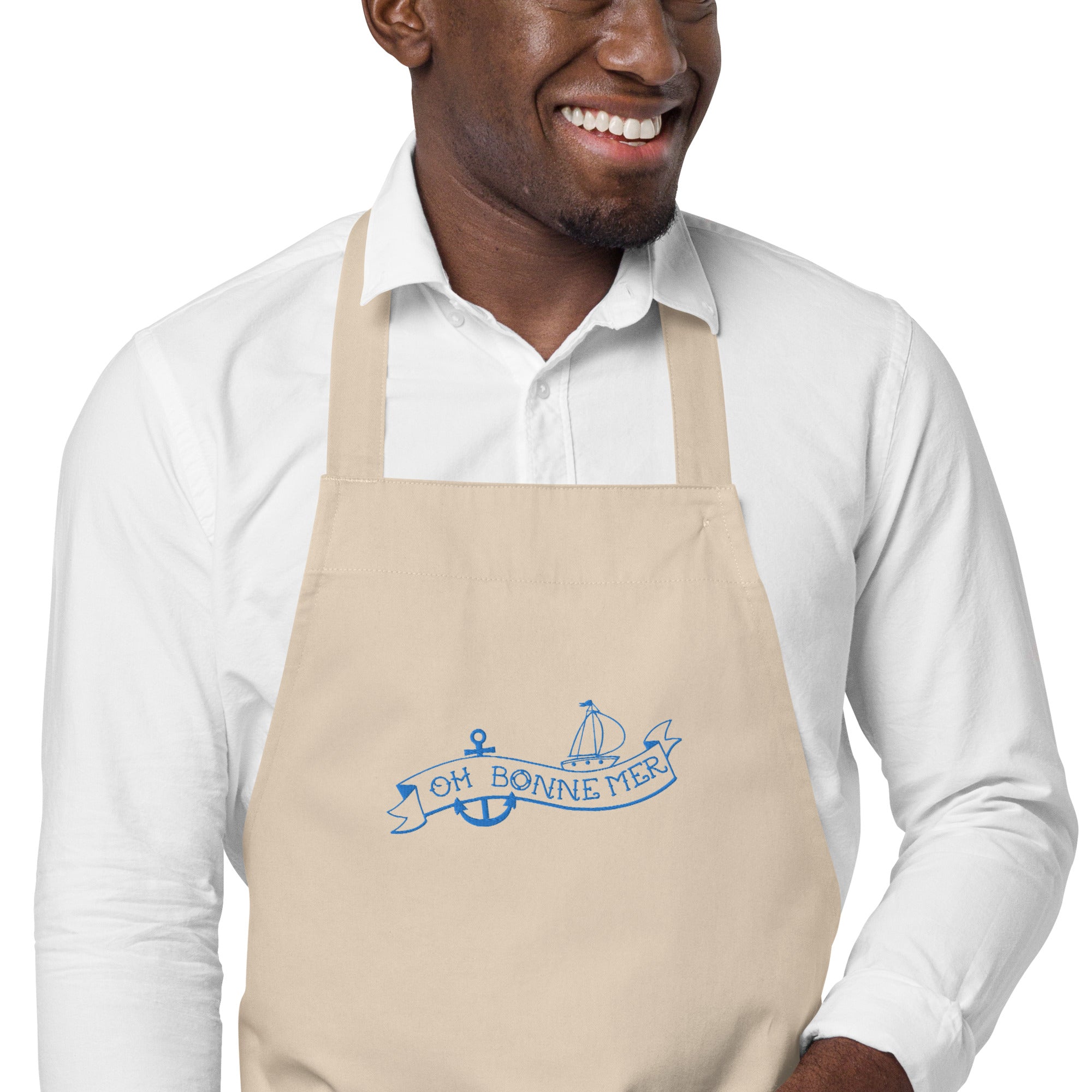 Organic cotton apron Oh Bonne Mer Tattoo blue avio embroidered pattern