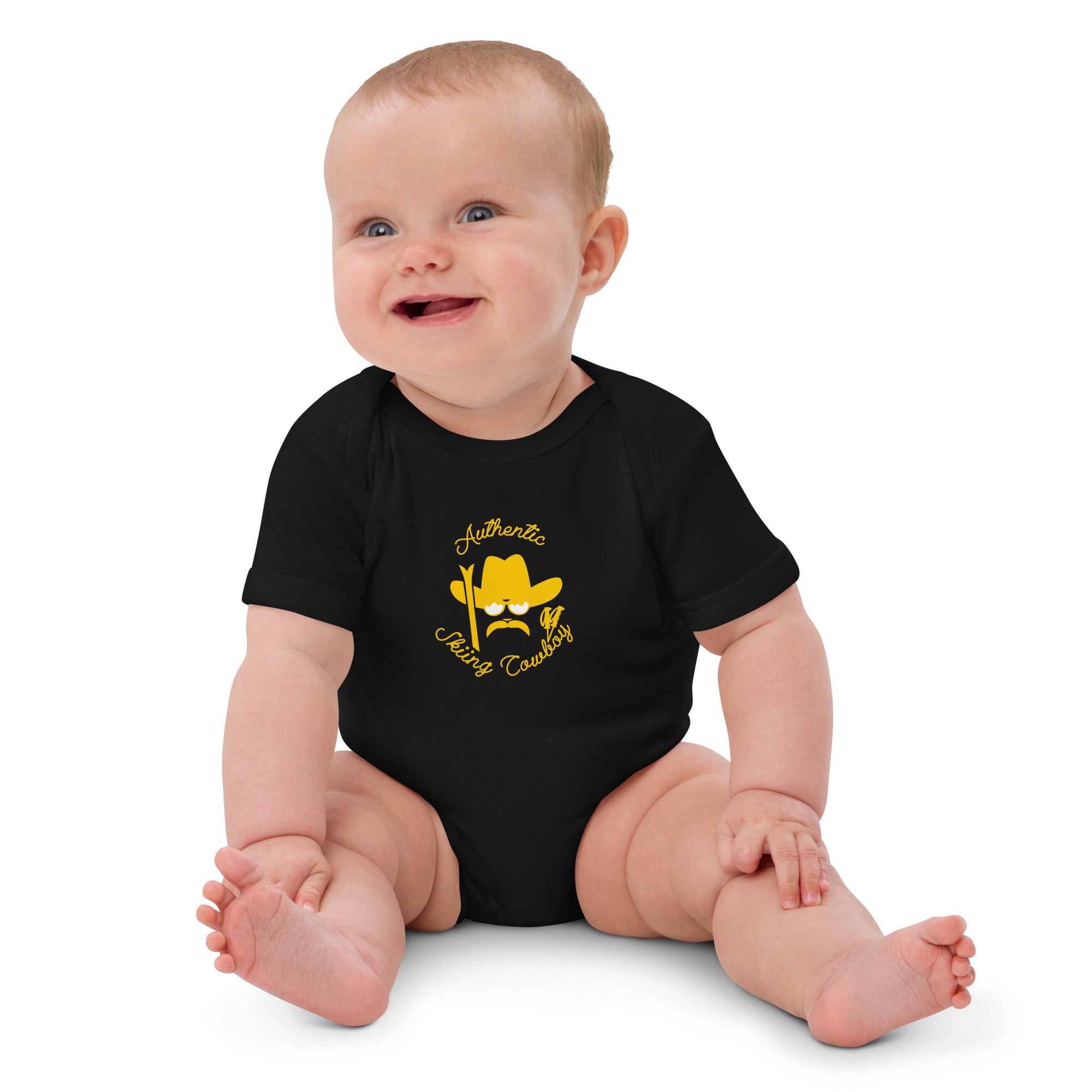 Organic cotton baby bodysuit Authentic Skiing Cowboy gold