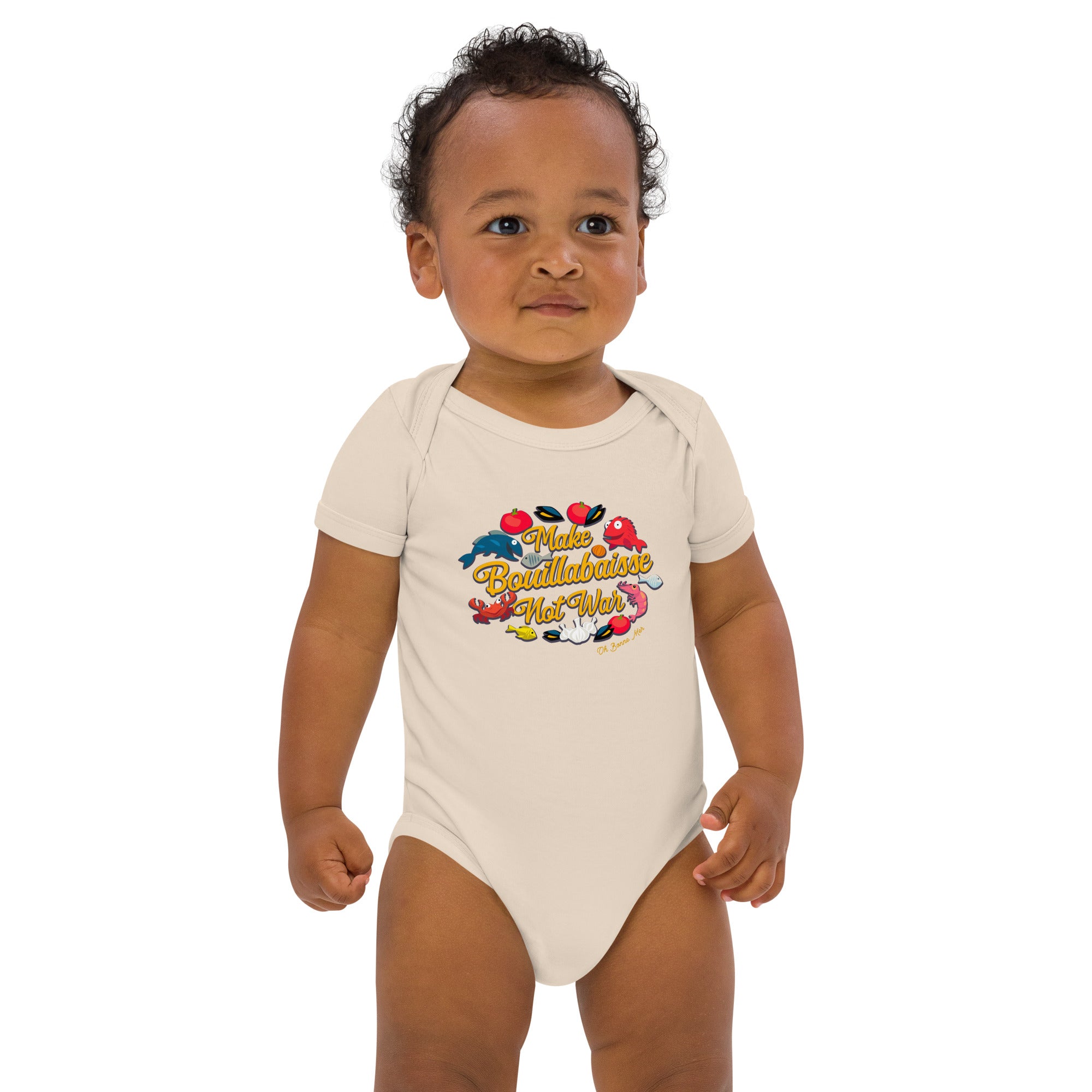 Organic cotton baby bodysuit Make Bouillabaisse Not War