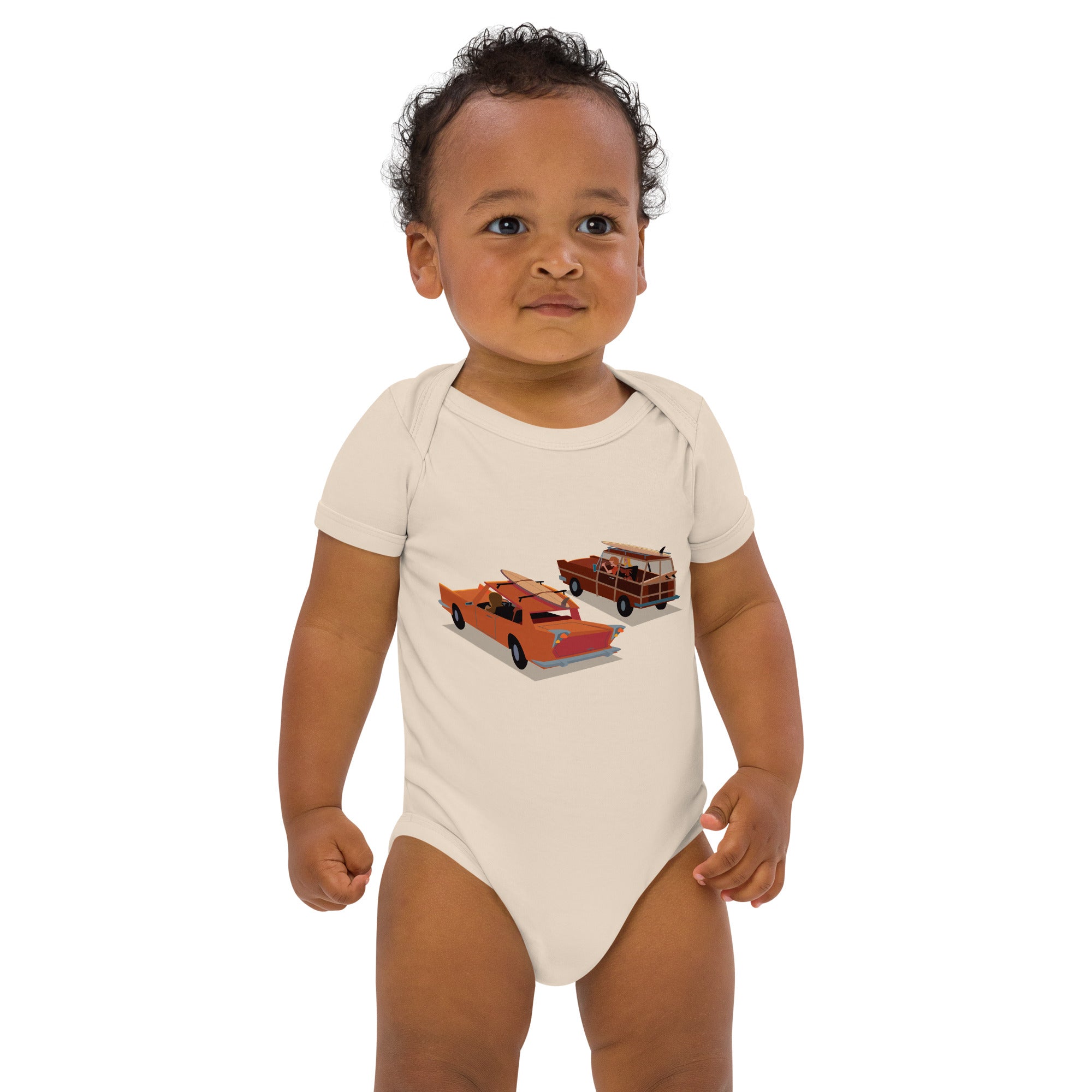 Organic cotton baby bodysuit Gone Surfing Vintage Cars & Surfboards