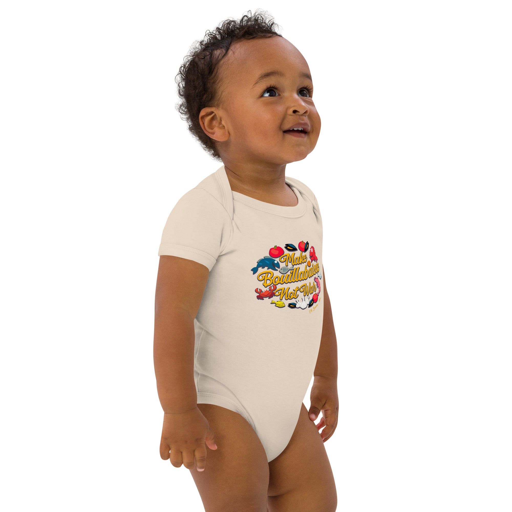 Organic cotton baby bodysuit Make Bouillabaisse Not War