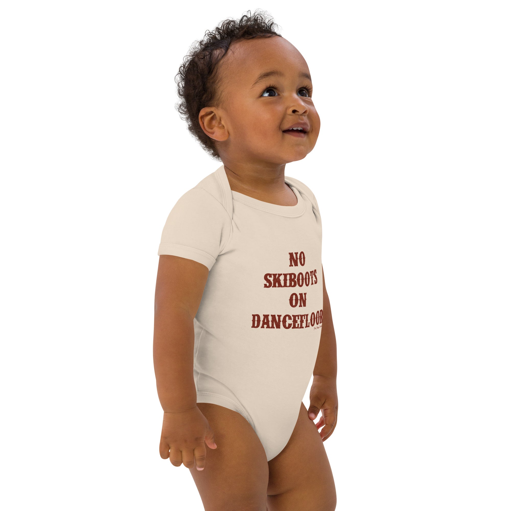 Organic cotton baby bodysuit No Skiboots on Dancefloor