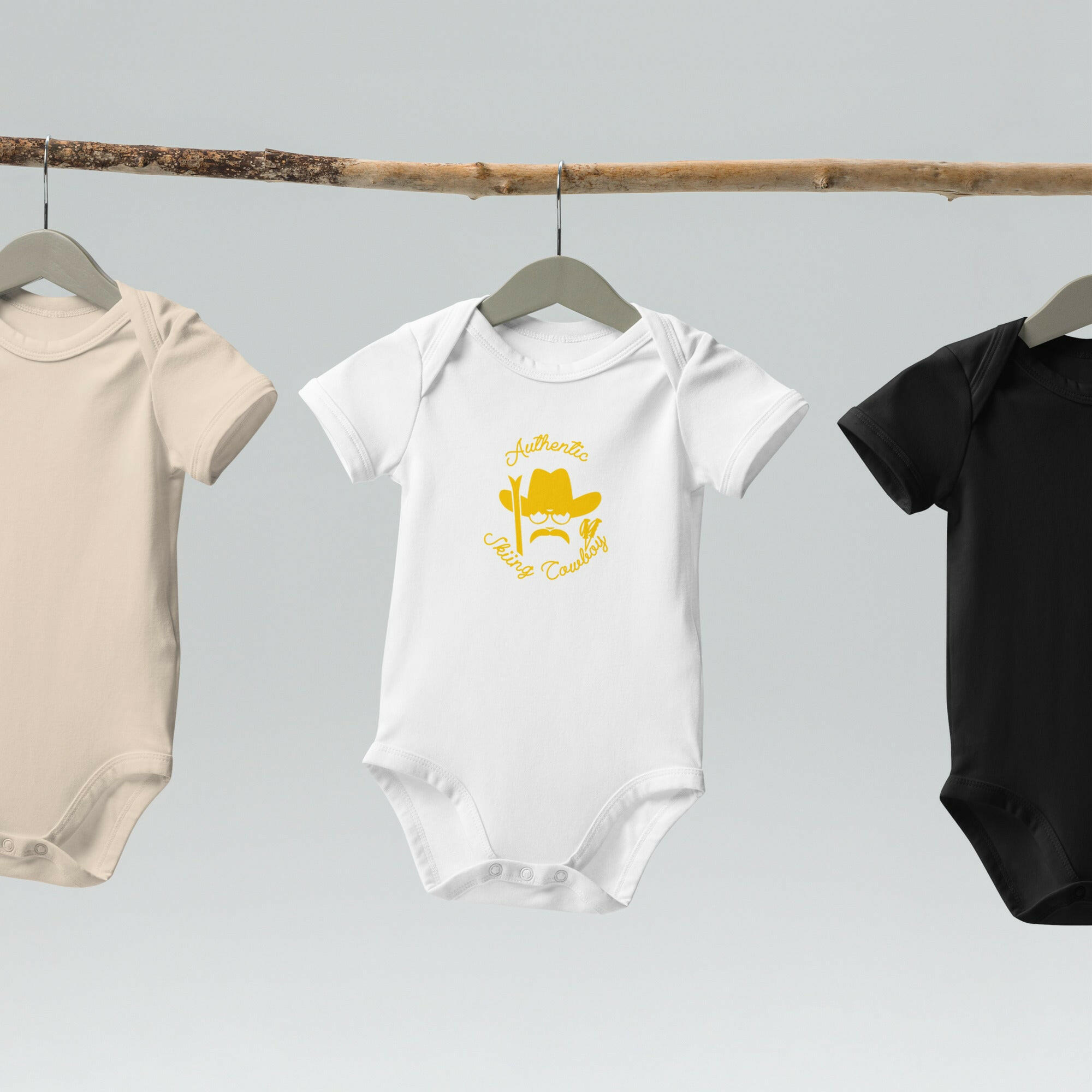 Organic cotton baby bodysuit Authentic Skiing Cowboy gold