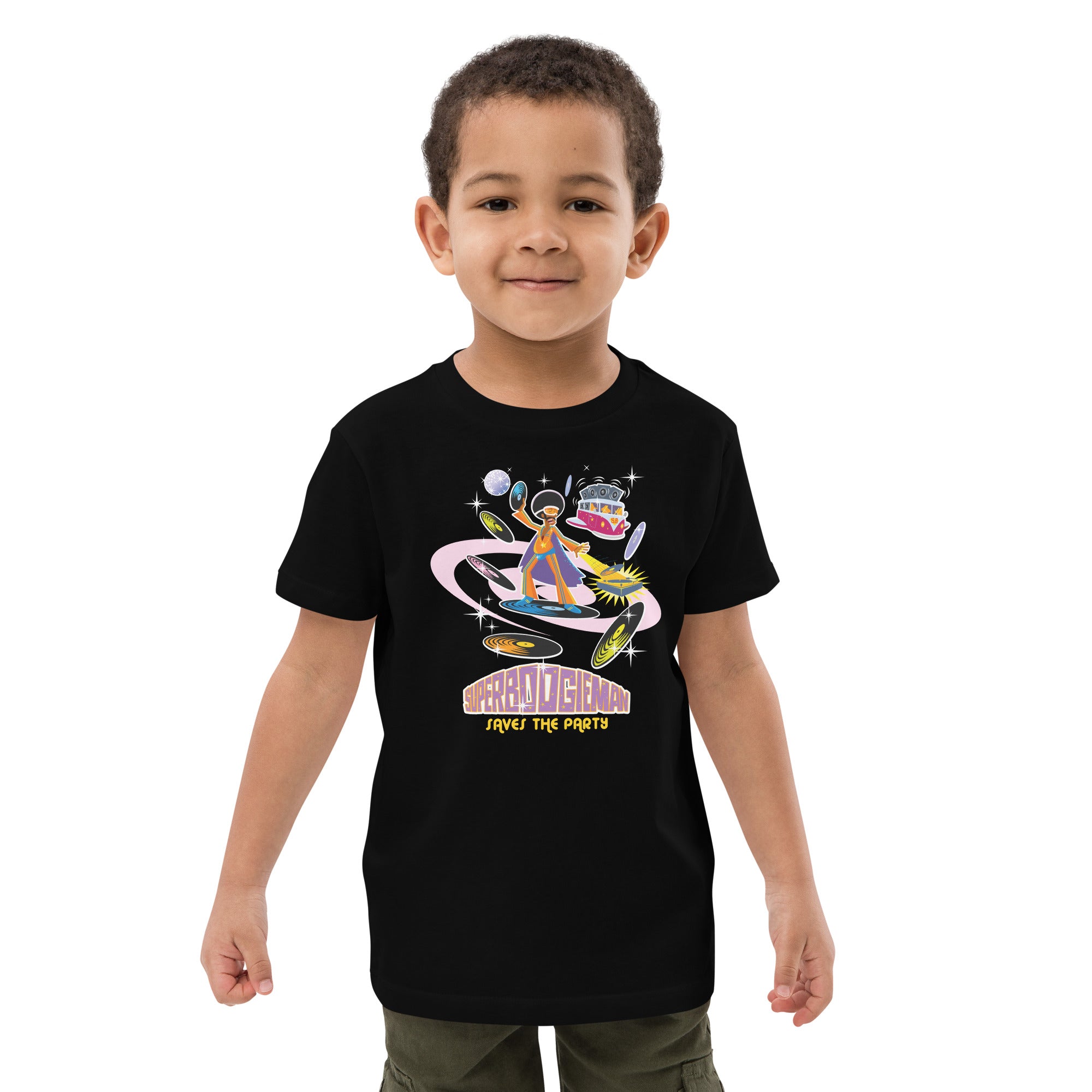 Organic cotton kids t-shirt Superboogieman Saves the Party