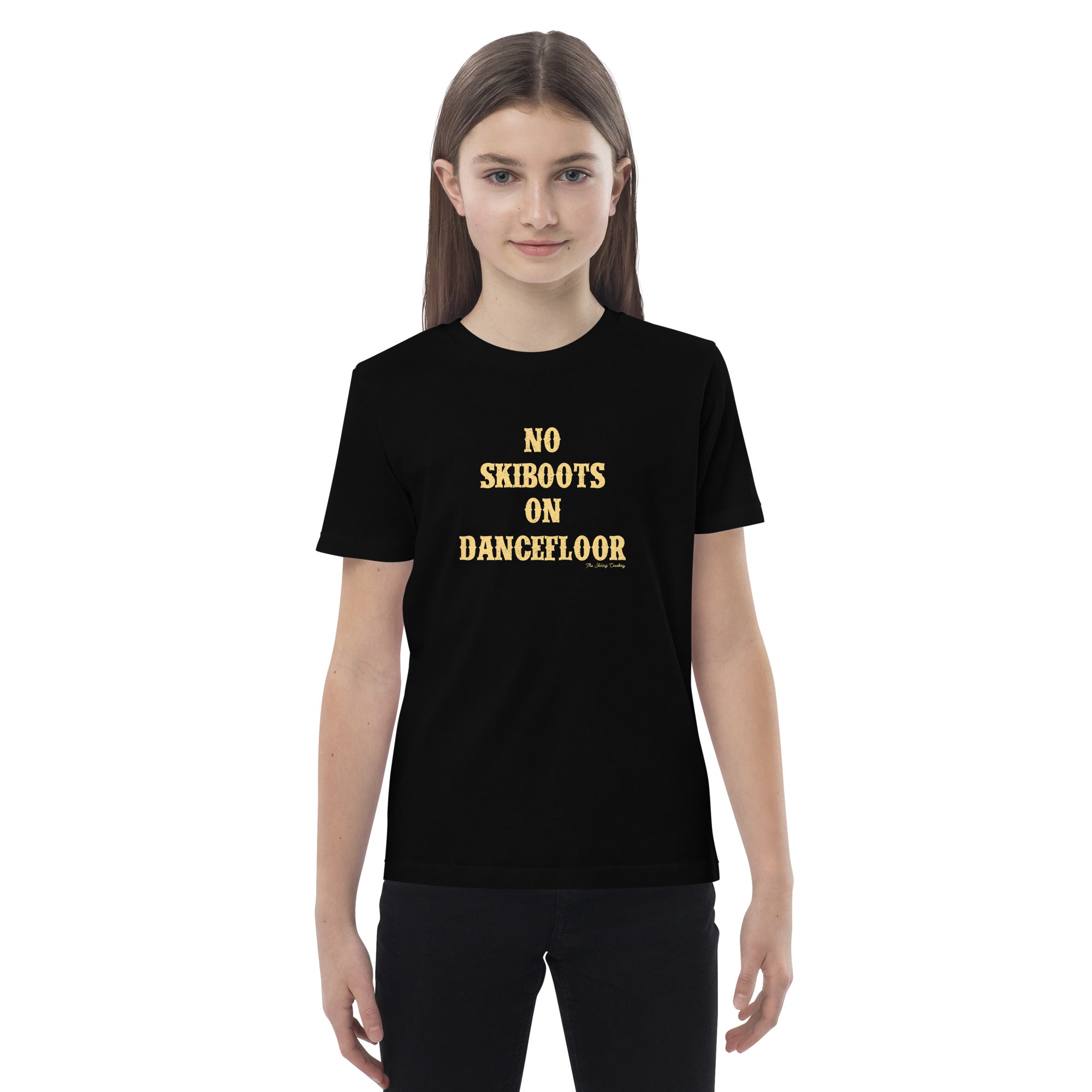 Organic cotton kids t-shirt No Skiboots on Dancefloor Light Text