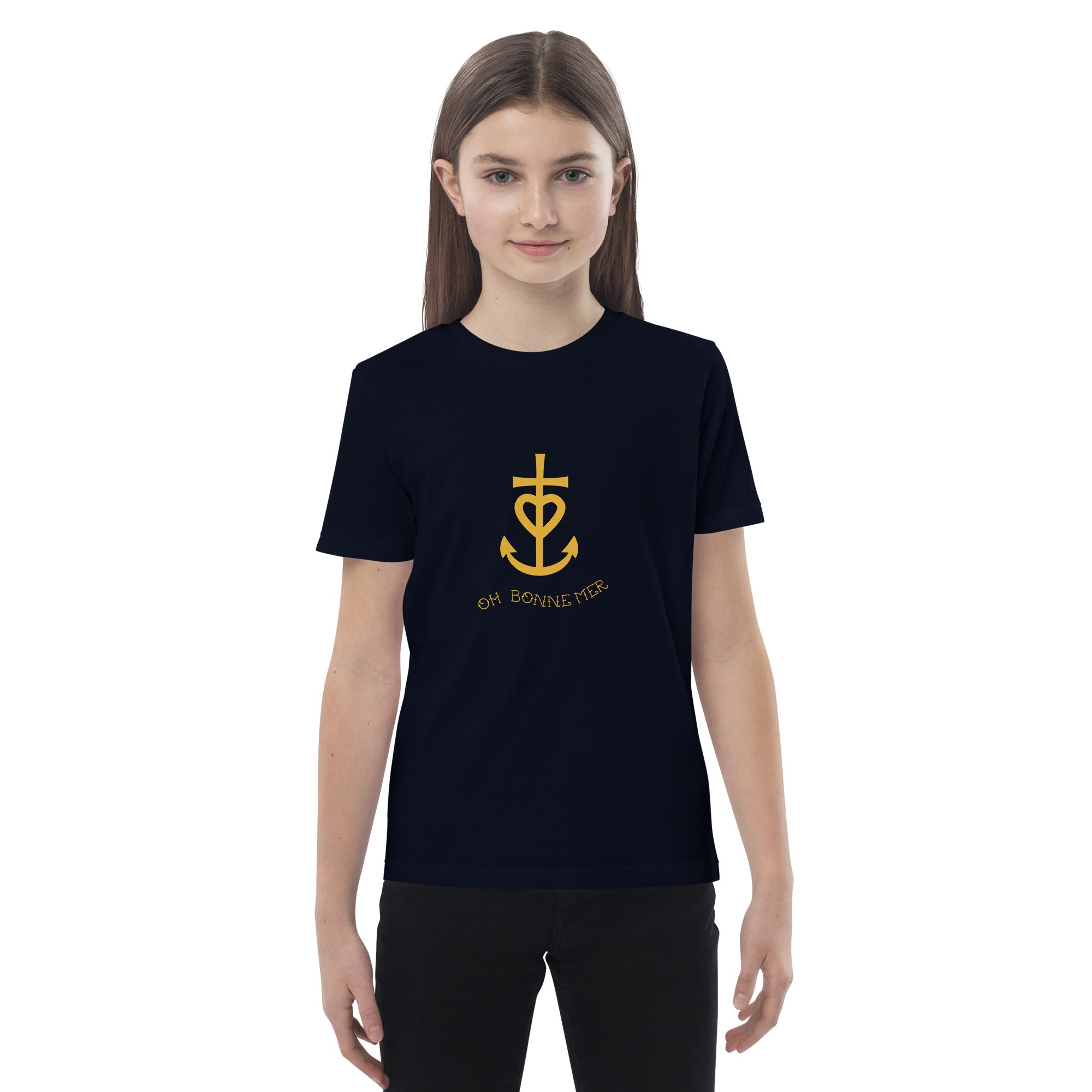 T-shirt en coton bio enfant Croix de Camargue dorée avec texte Oh Bonne mer