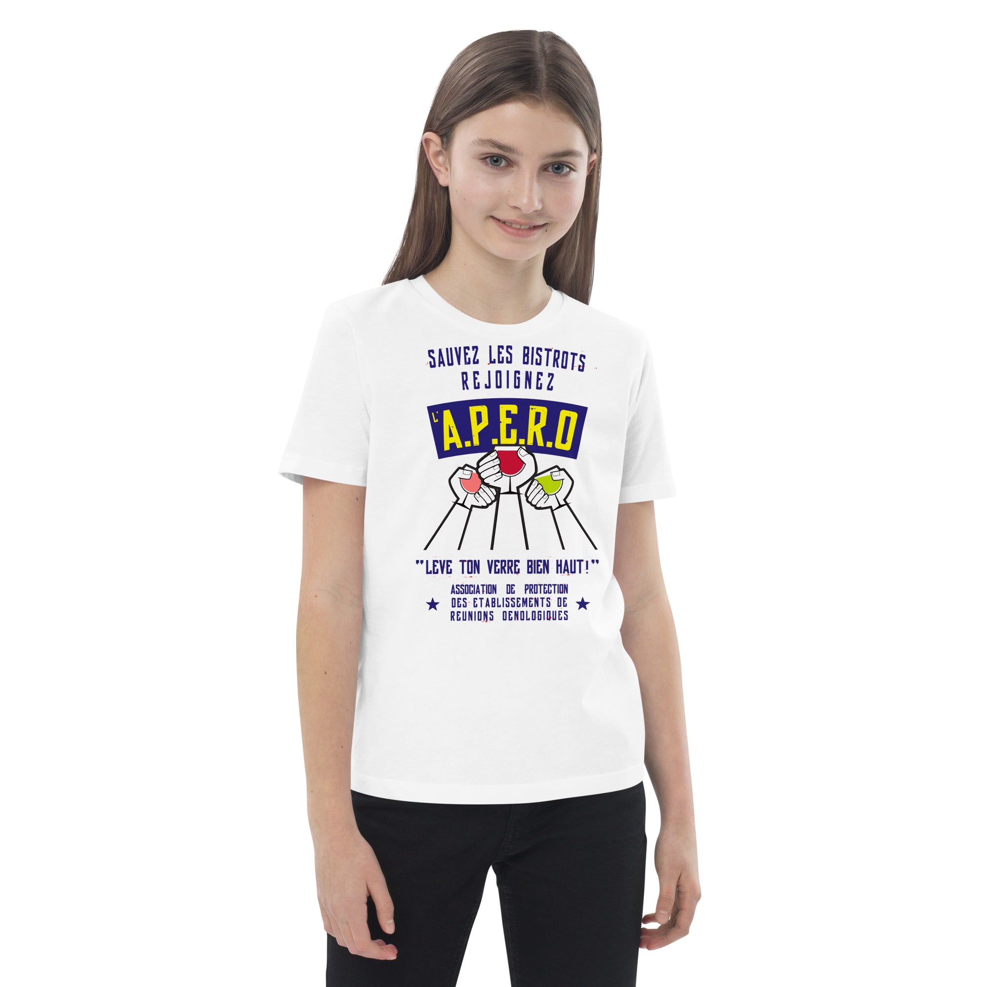 T-shirt en coton bio enfant Sauvez les Bistrots, rejoignez l'Apéro sur fond clair