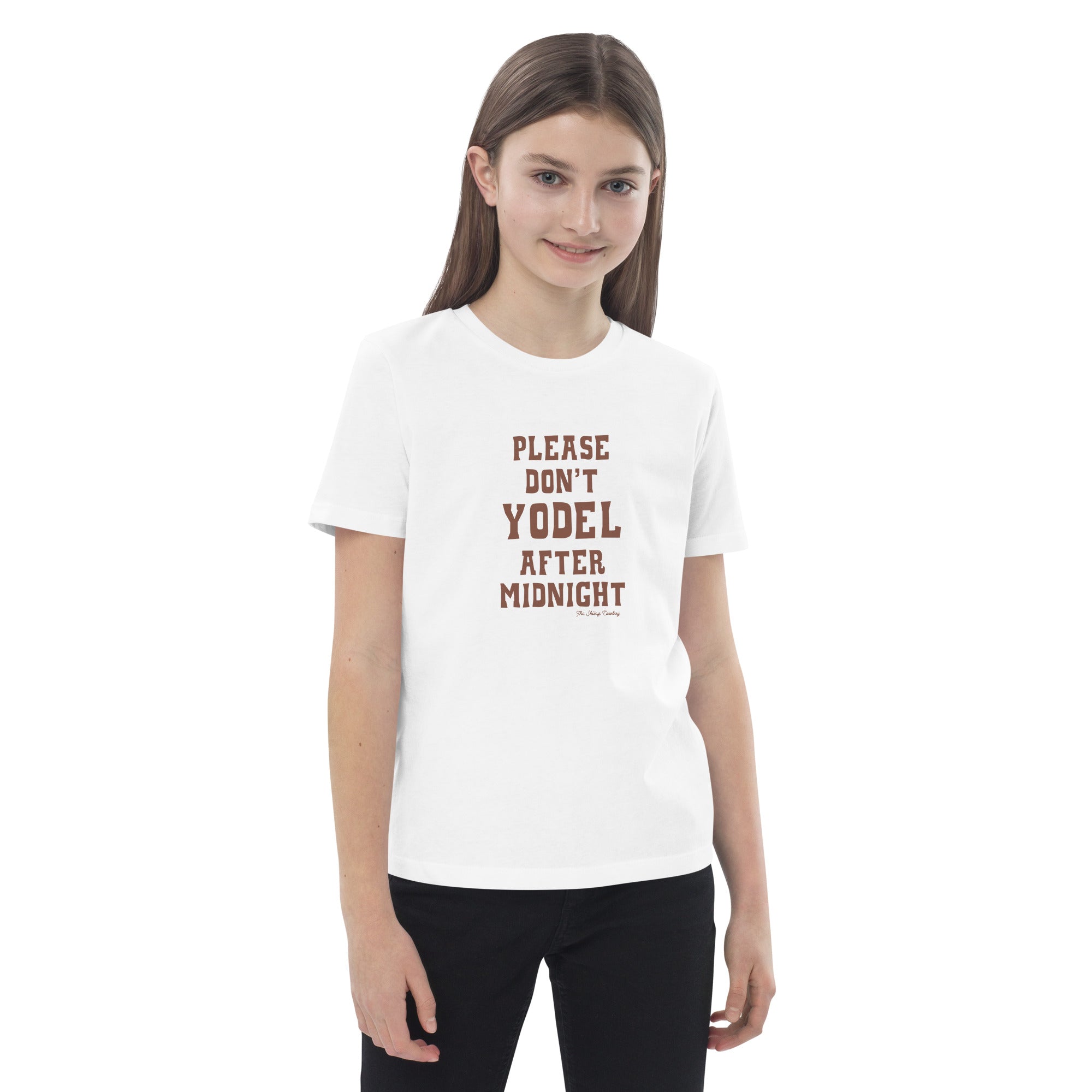 Organic cotton kids t-shirt Don't Yodel After Midnight dark text