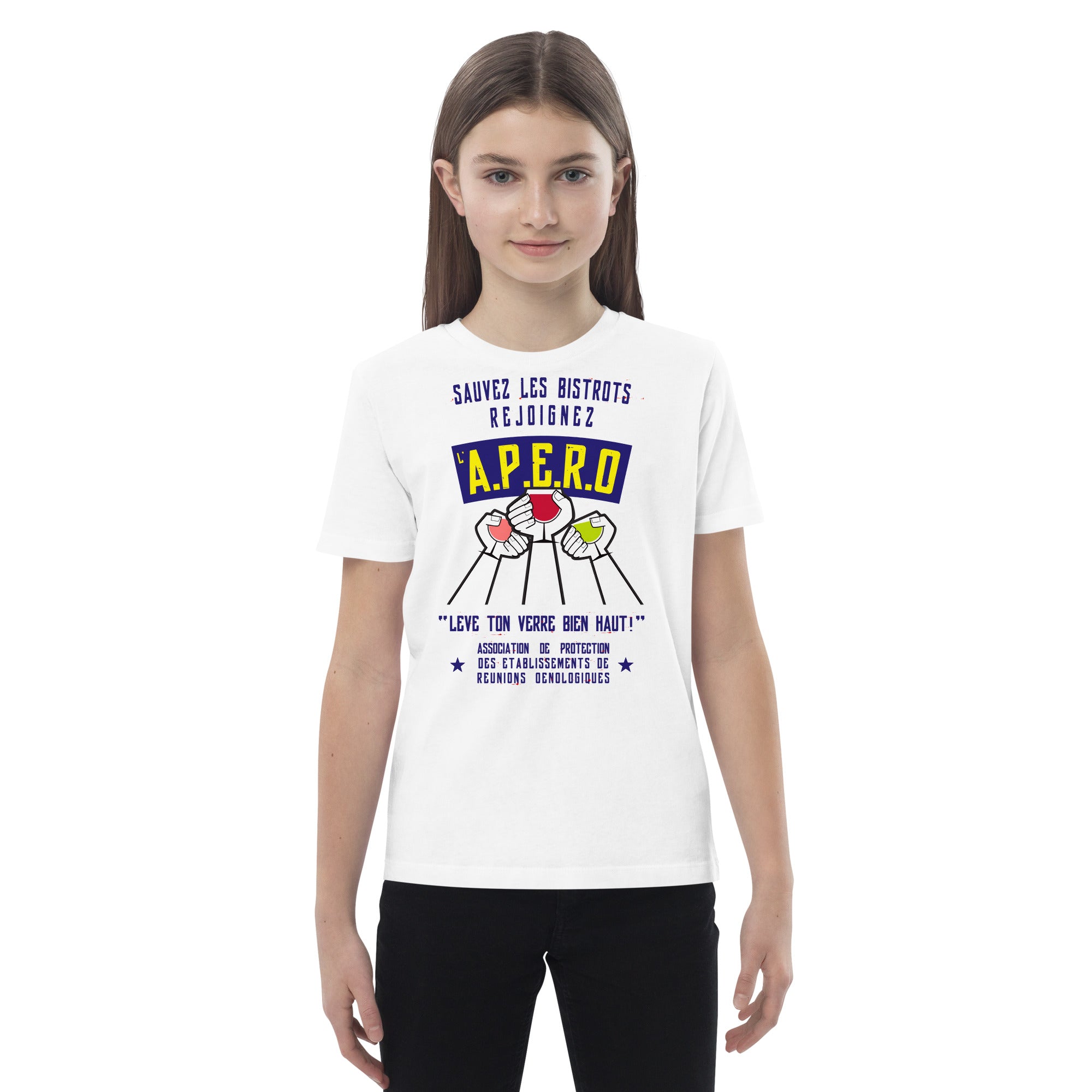 T-shirt en coton bio enfant Sauvez les Bistrots, rejoignez l'Apéro sur fond clair