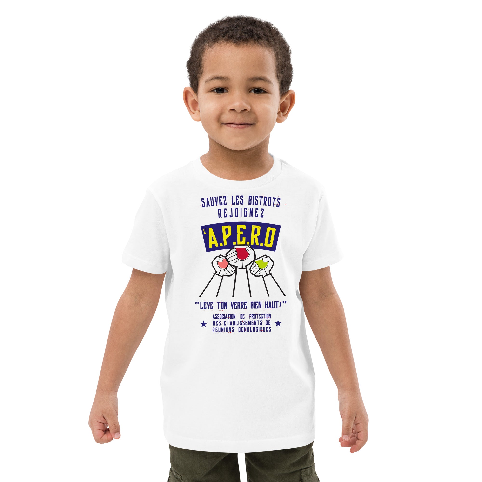 T-shirt en coton bio enfant Sauvez les Bistrots, rejoignez l'Apéro sur fond clair