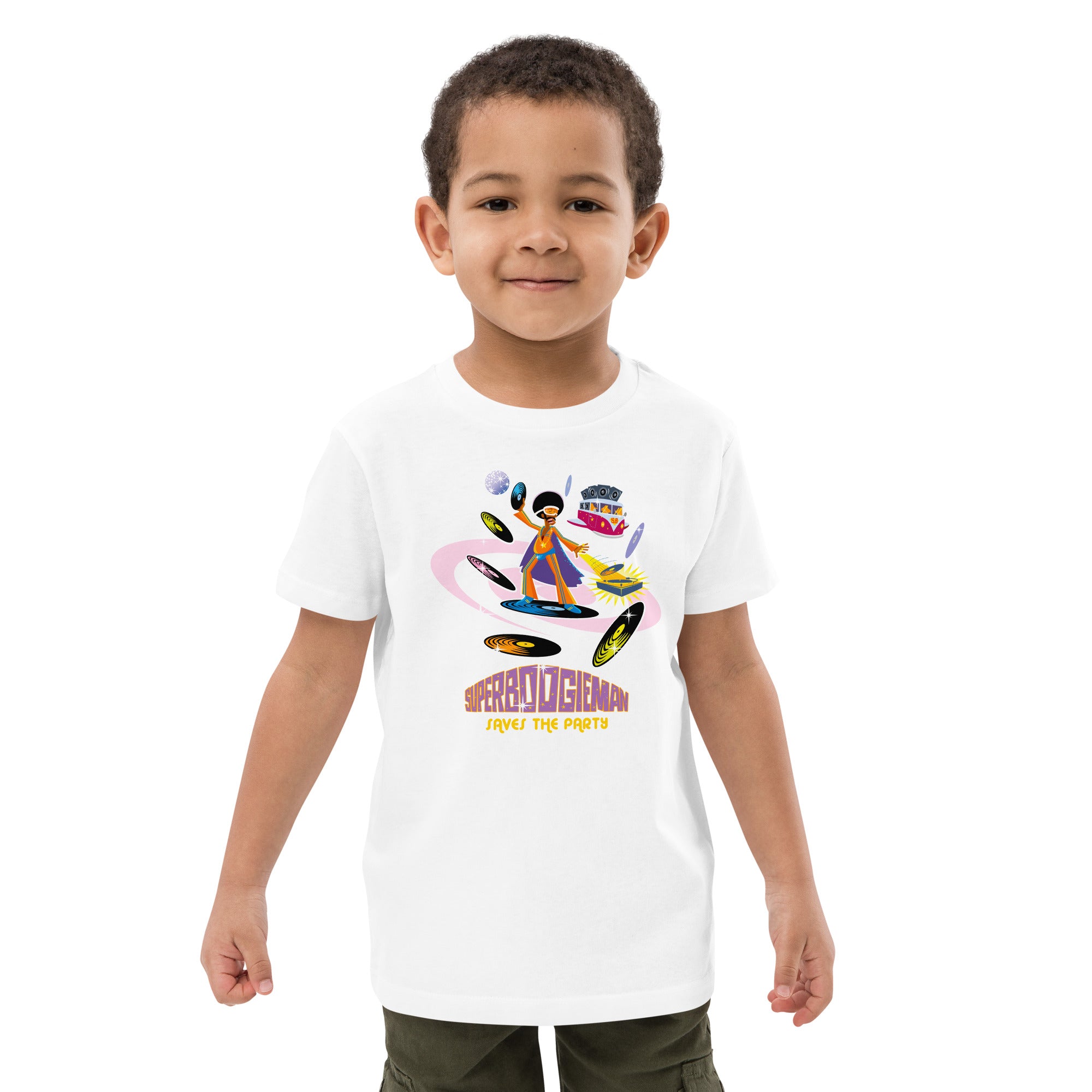 Organic cotton kids t-shirt Superboogieman Saves the Party