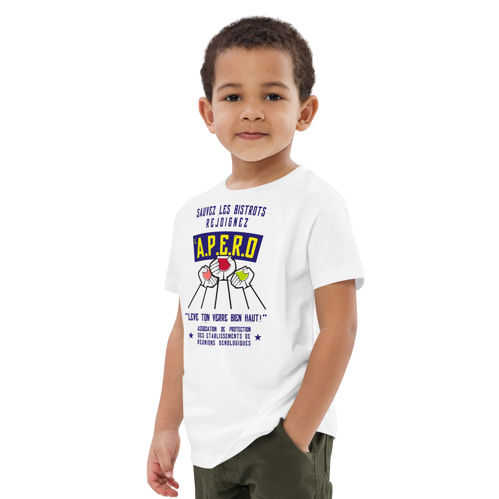 T-shirt en coton bio enfant Sauvez les Bistrots, rejoignez l'Apéro sur fond clair