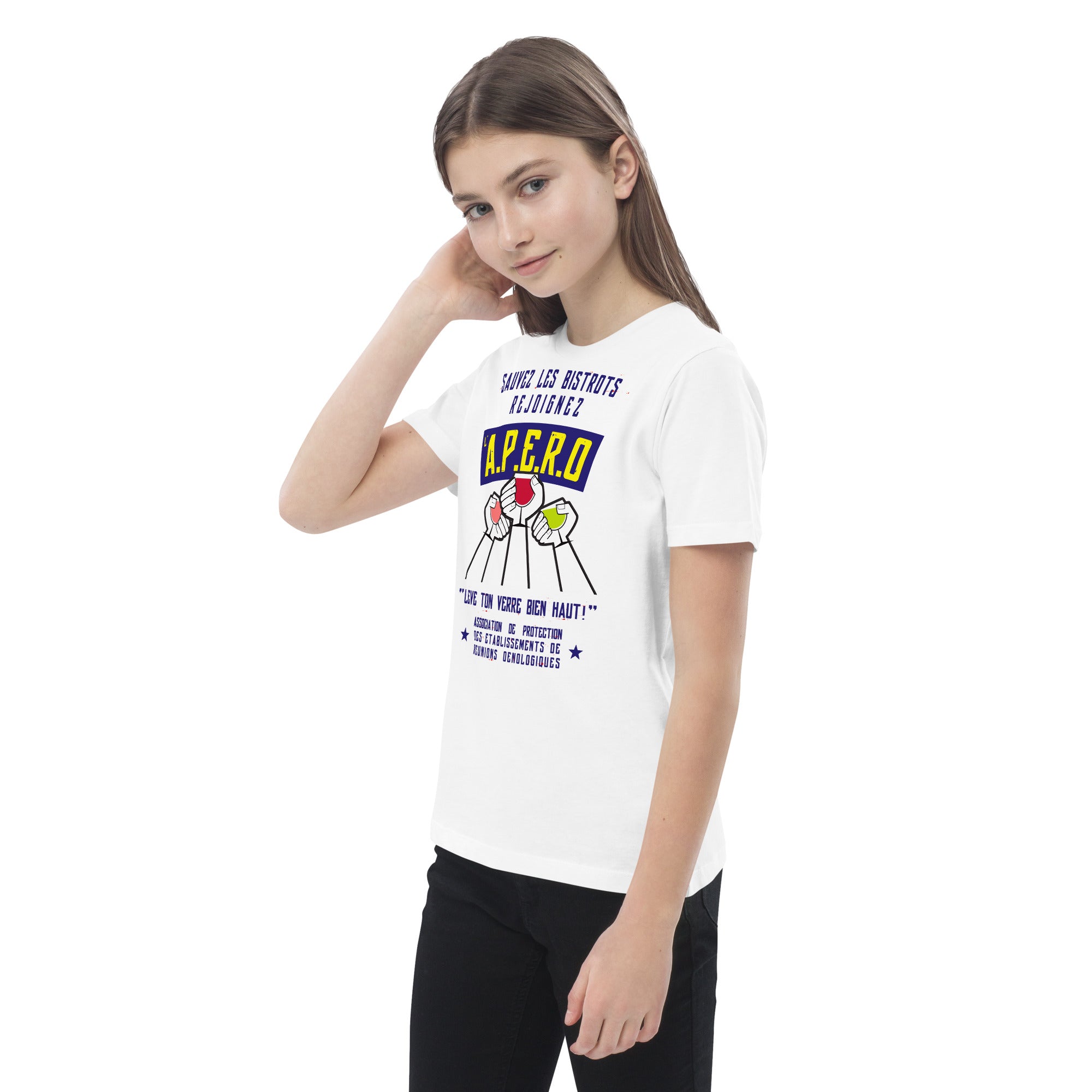 T-shirt en coton bio enfant Sauvez les Bistrots, rejoignez l'Apéro sur fond clair