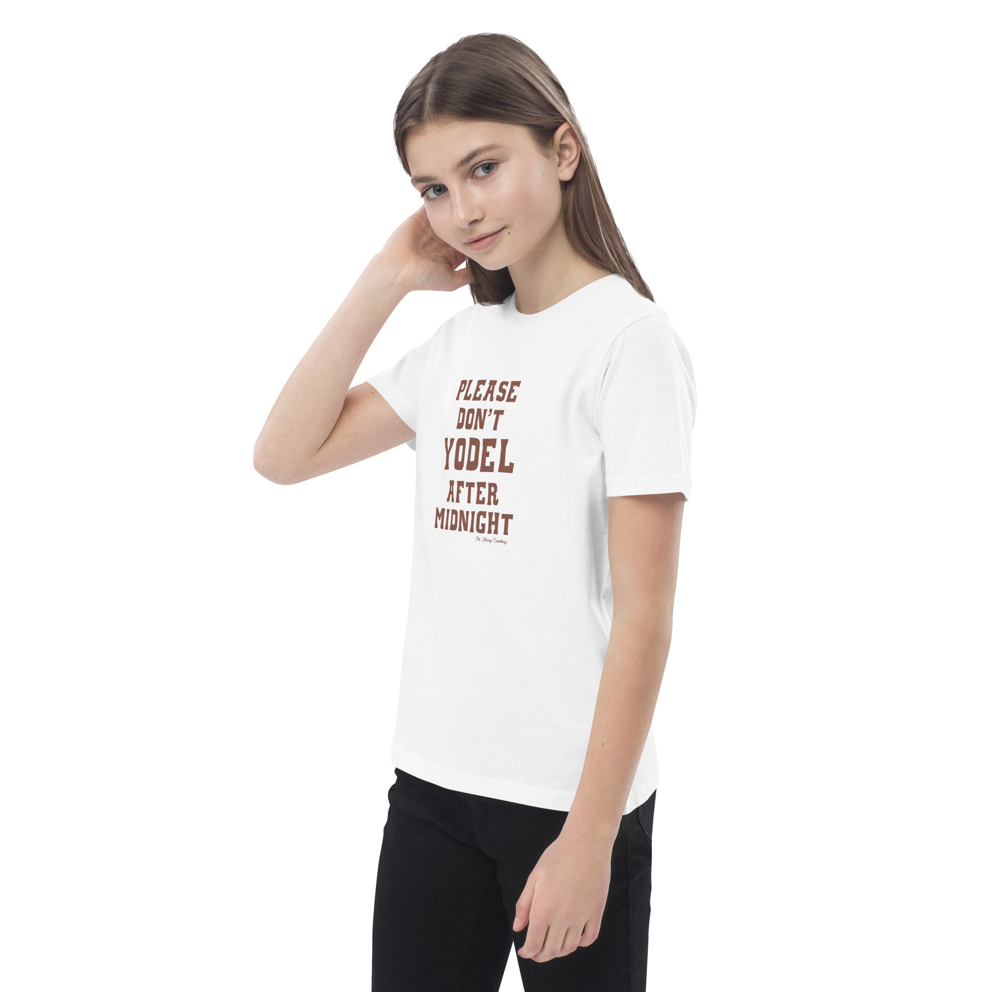 Organic cotton kids t-shirt Don't Yodel After Midnight dark text