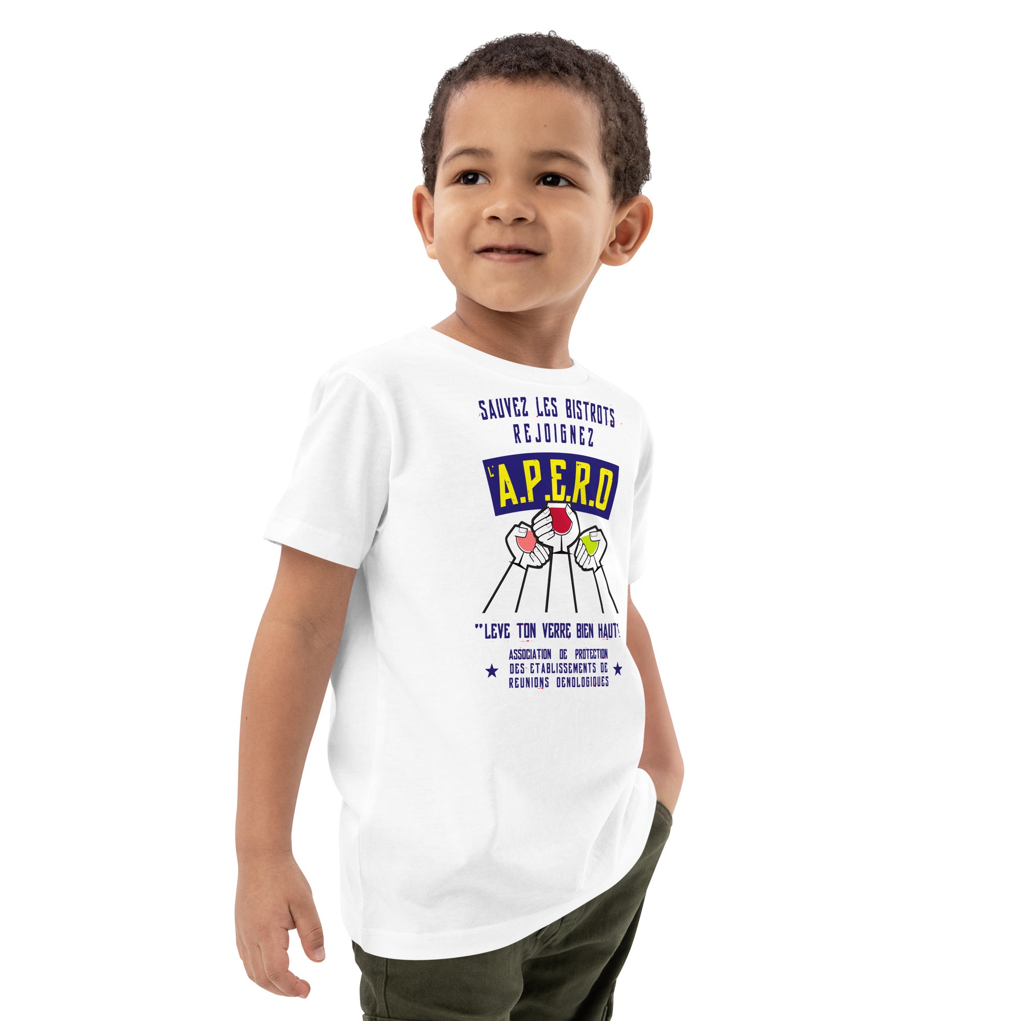 T-shirt en coton bio enfant Sauvez les Bistrots, rejoignez l'Apéro sur fond clair