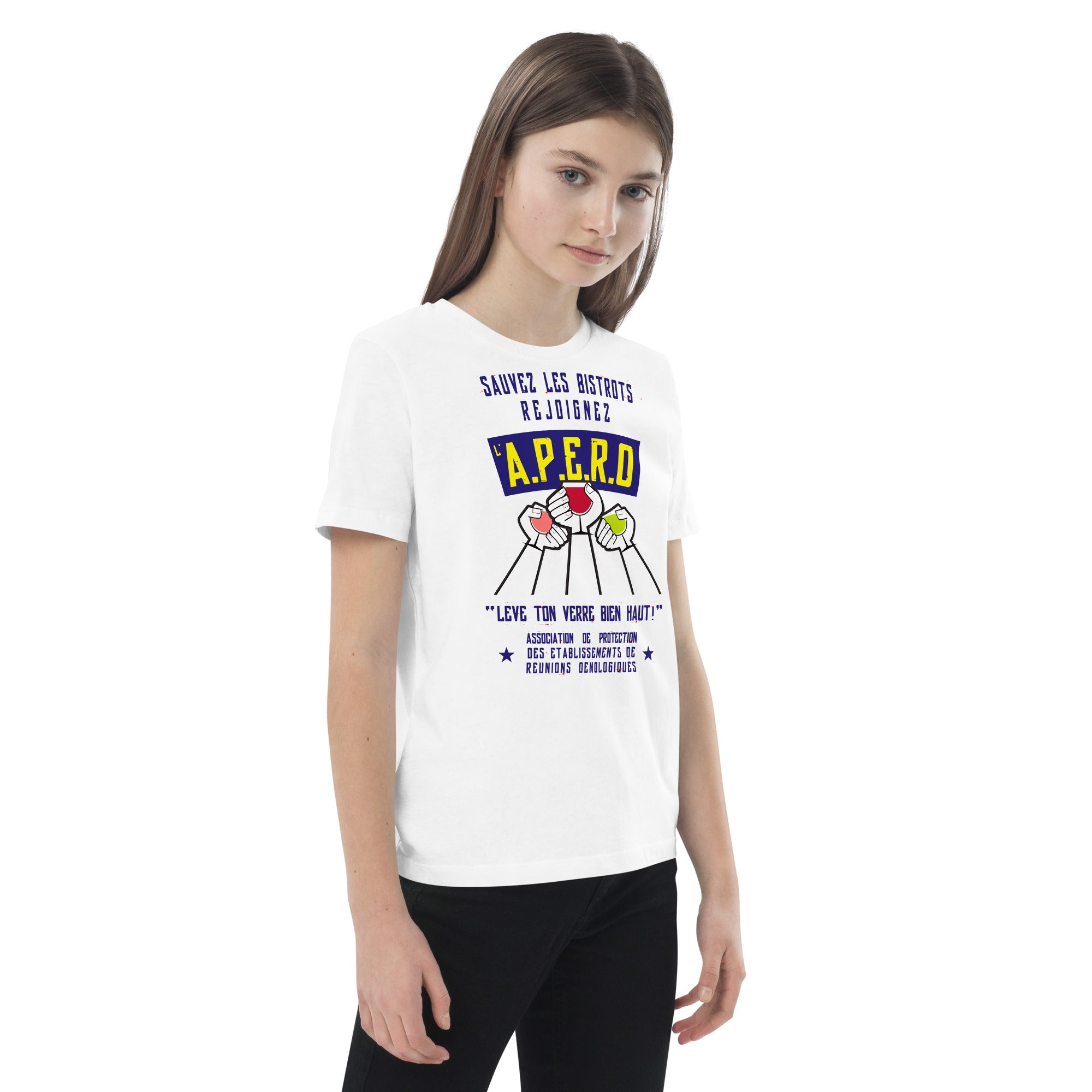 T-shirt en coton bio enfant Sauvez les Bistrots, rejoignez l'Apéro sur fond clair