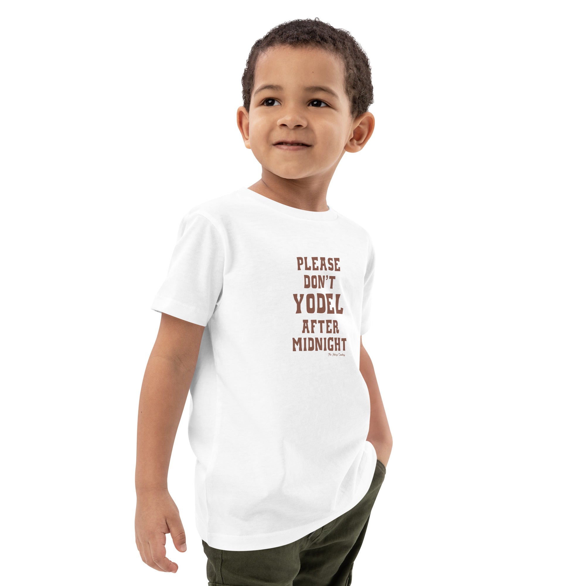 Organic cotton kids t-shirt Don't Yodel After Midnight dark text