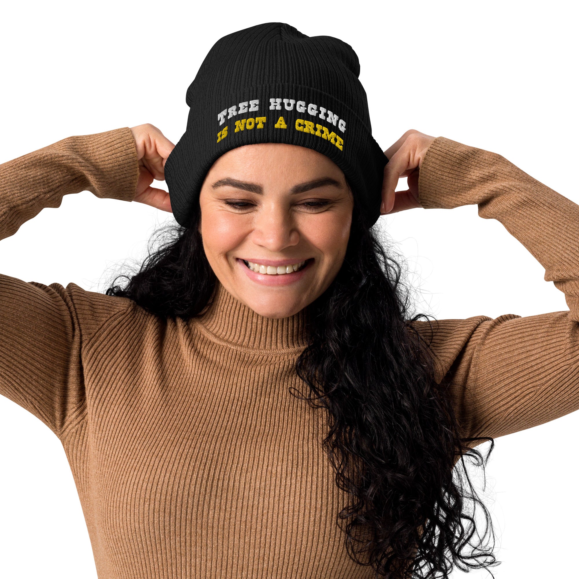 Organic ribbed beanie Tree Hugging is not a crime White/Gold