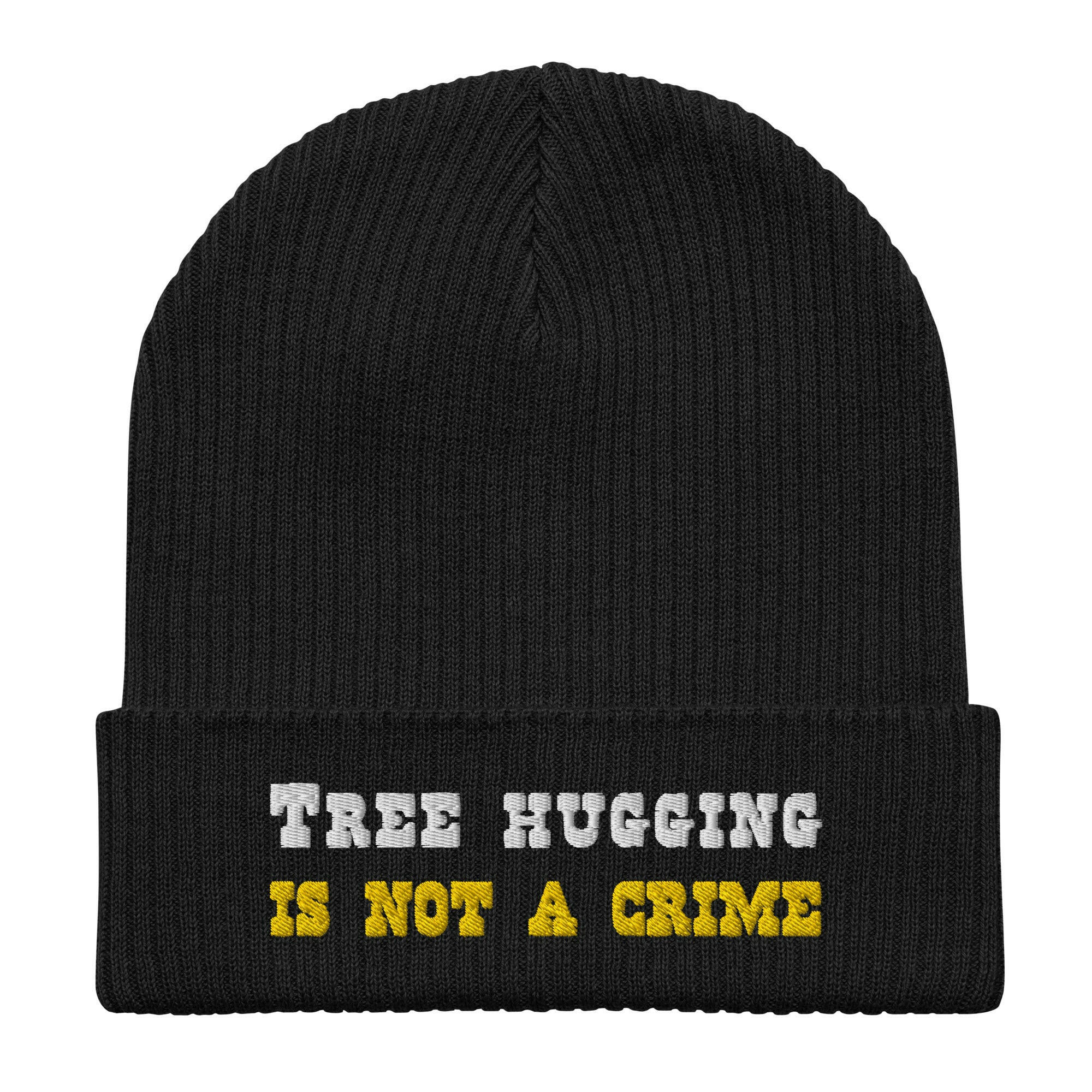 Organic ribbed beanie Tree Hugging is not a crime White/Gold