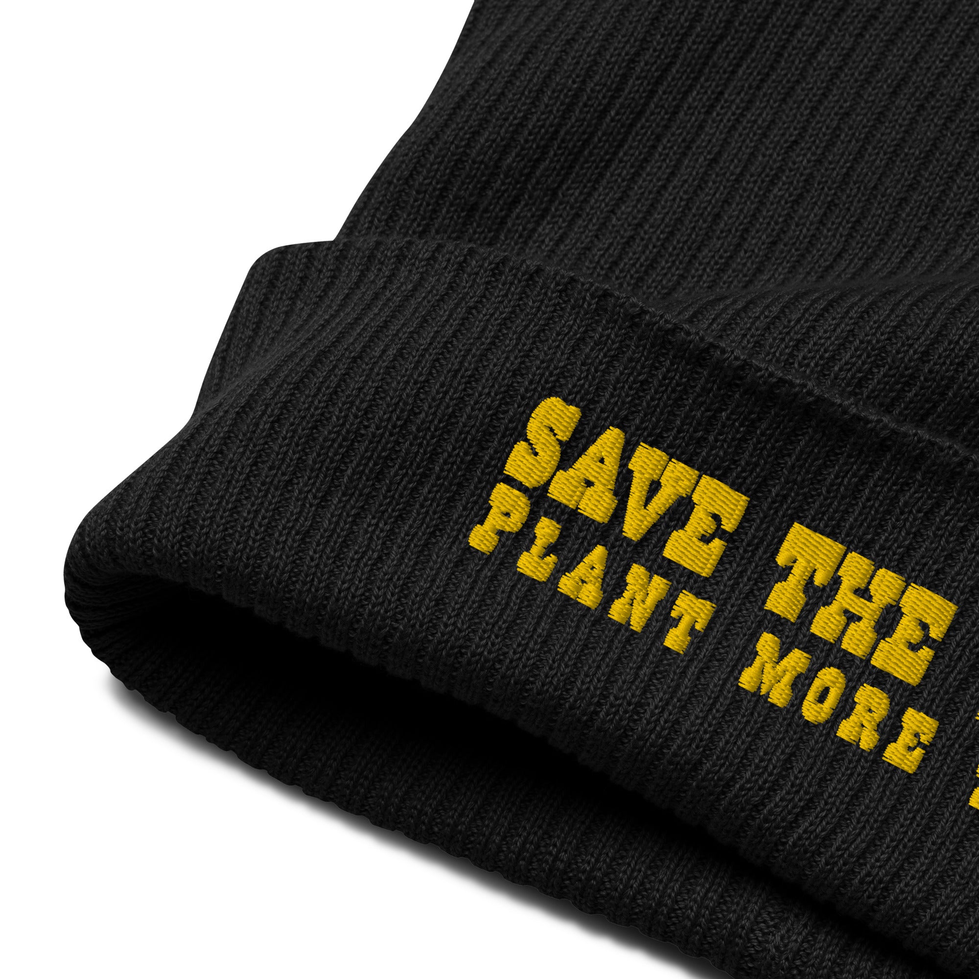 Organic ribbed beanie Save the Yetis, Plant more Trees Gold