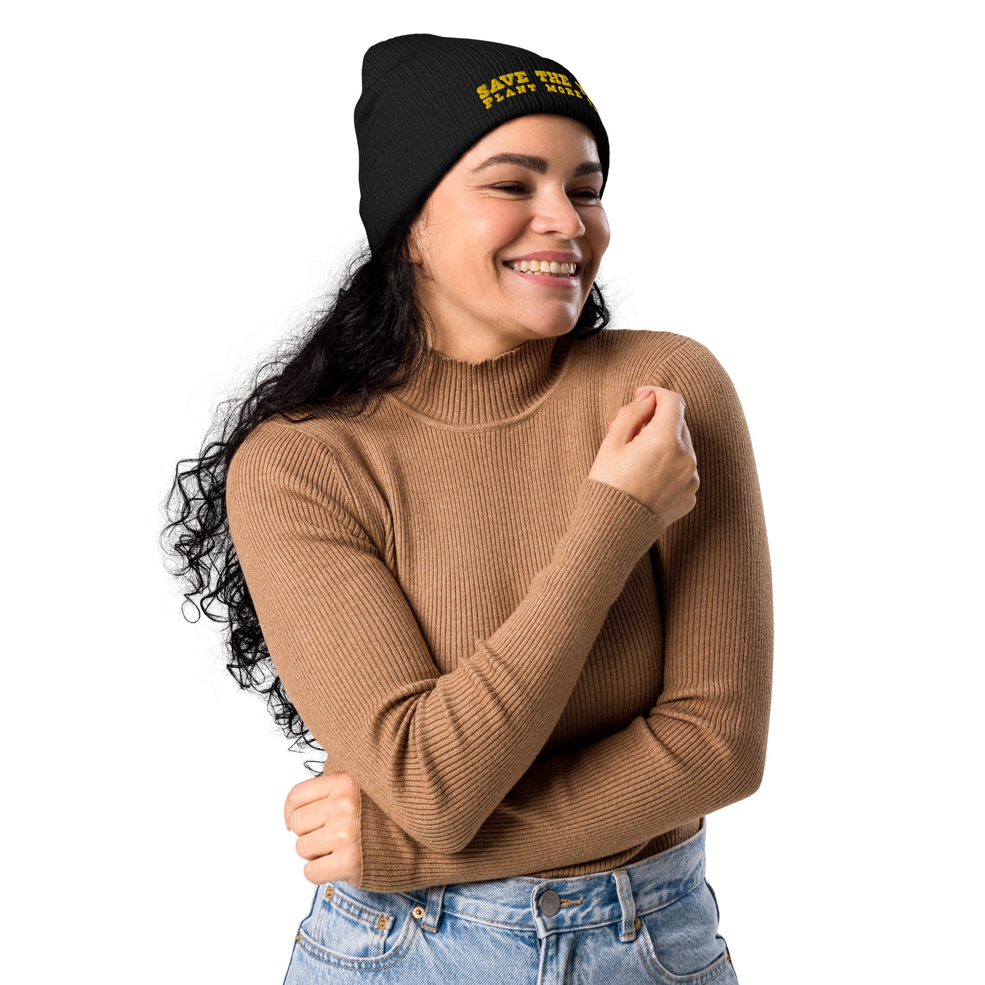 Organic ribbed beanie Save the Yetis, Plant more Trees Gold