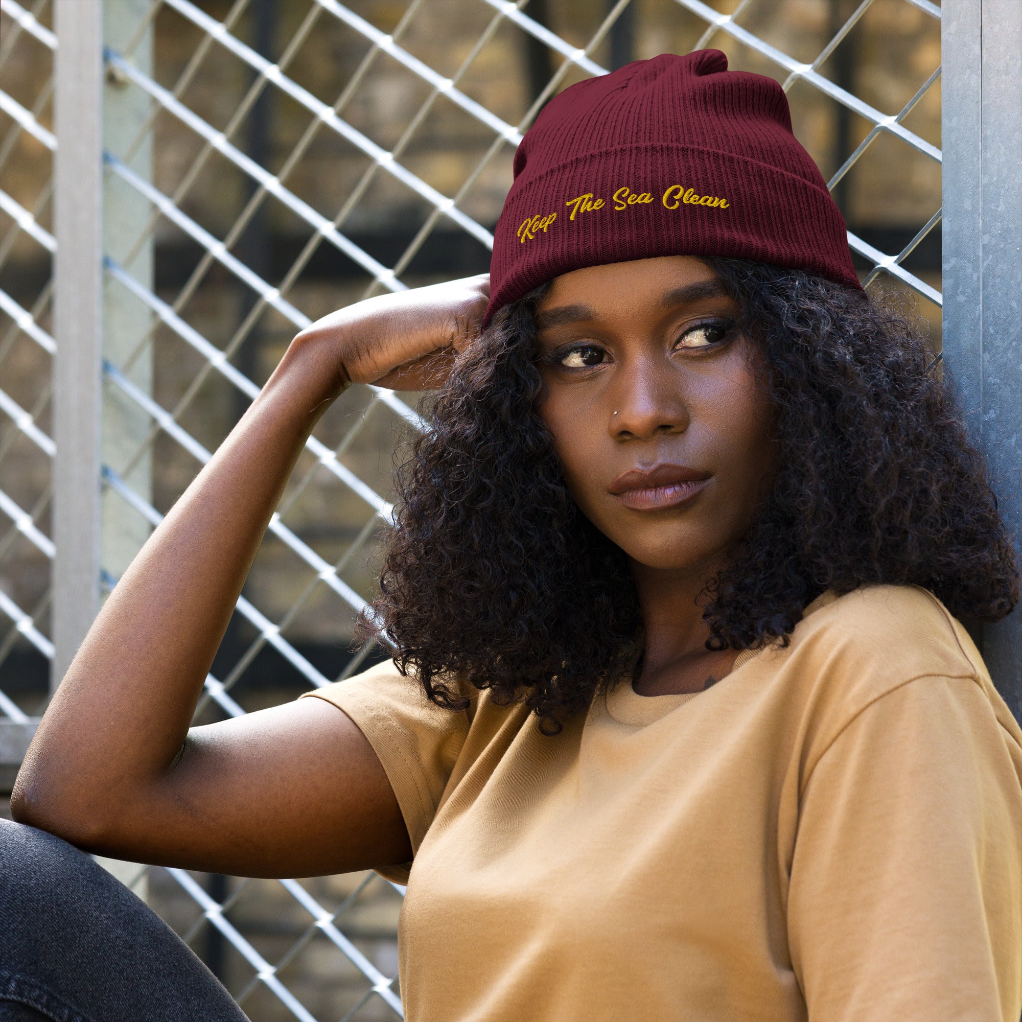 Organic ribbed beanie Keep The Sea Clean Gold