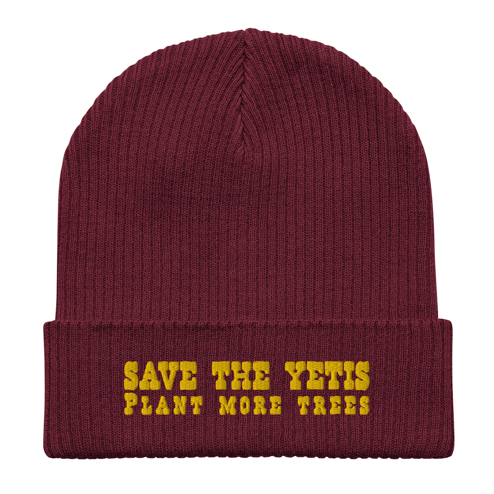 Organic ribbed beanie Save the Yetis, Plant more Trees Gold