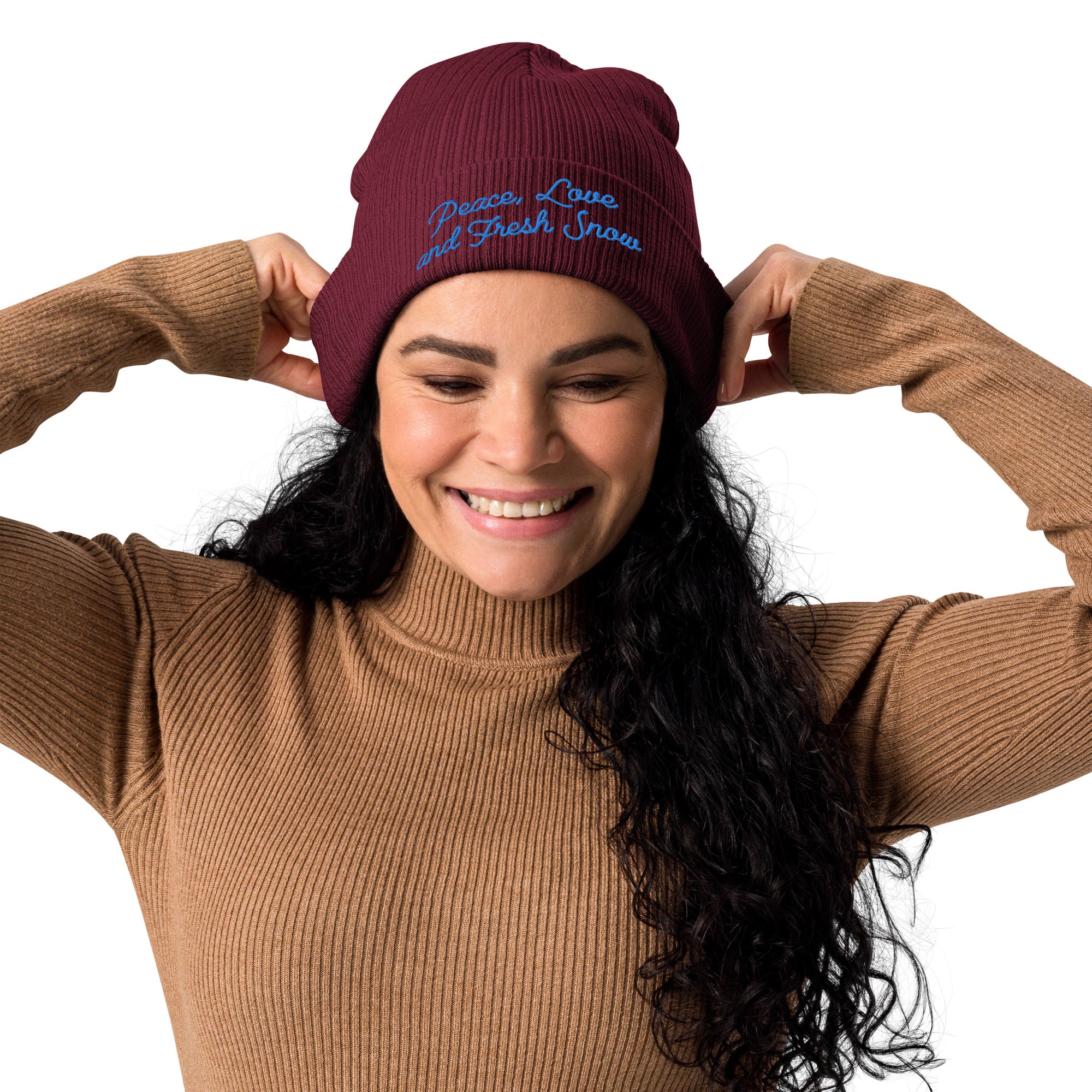 Organic ribbed beanie Peace, Love and Fresh Snow Blue