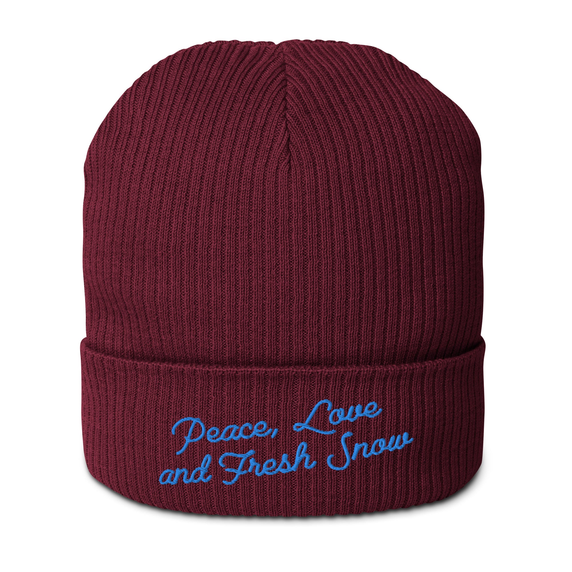 Organic ribbed beanie Peace, Love and Fresh Snow Blue