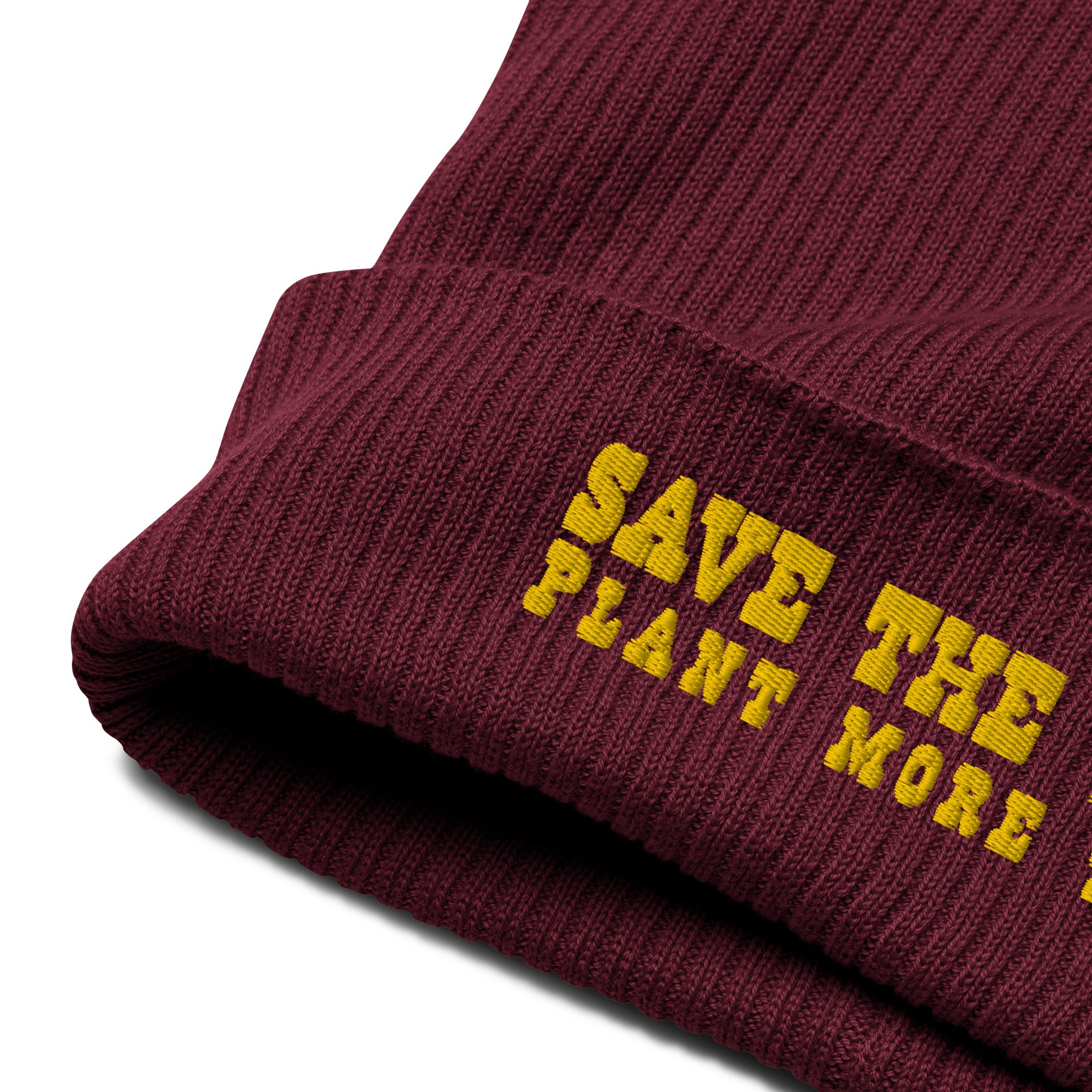 Organic ribbed beanie Save the Yetis, Plant more Trees Gold