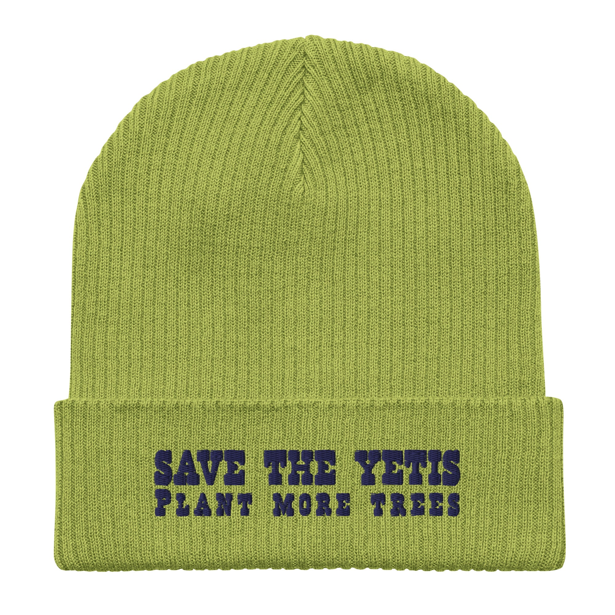 Organic ribbed beanie Save the Yetis, Plant more Trees Navy