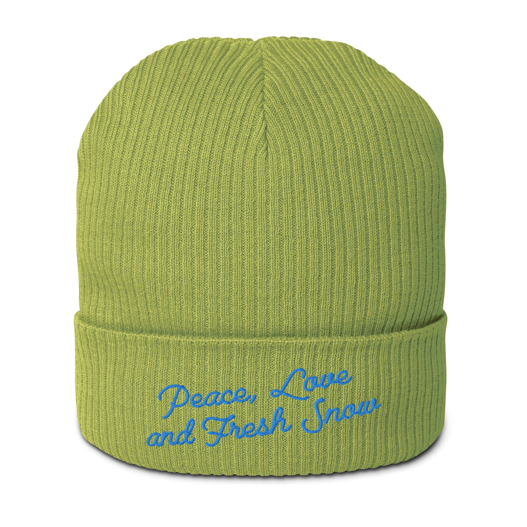 Organic ribbed beanie Peace, Love and Fresh Snow Blue