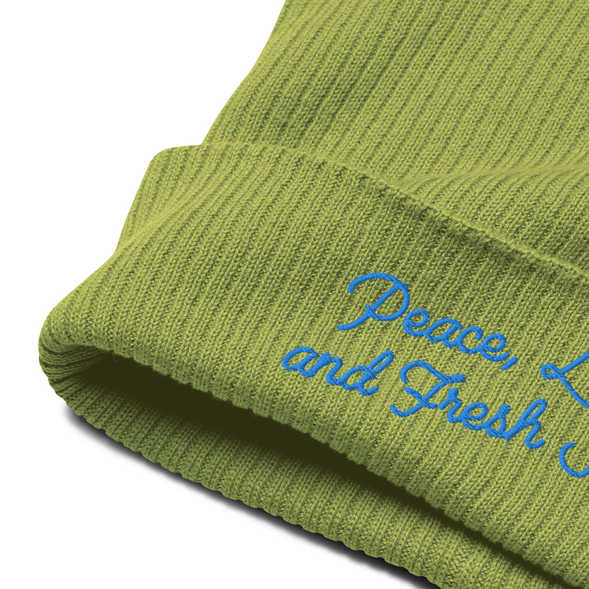 Organic ribbed beanie Peace, Love and Fresh Snow Blue