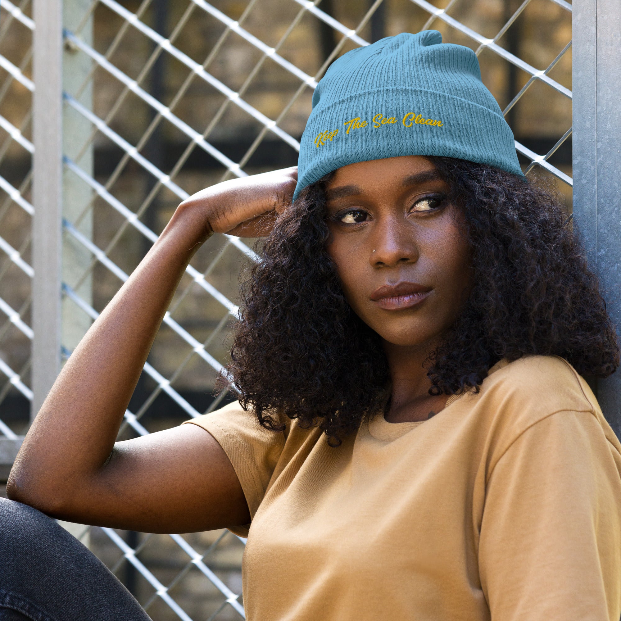 Organic ribbed beanie Keep The Sea Clean Gold