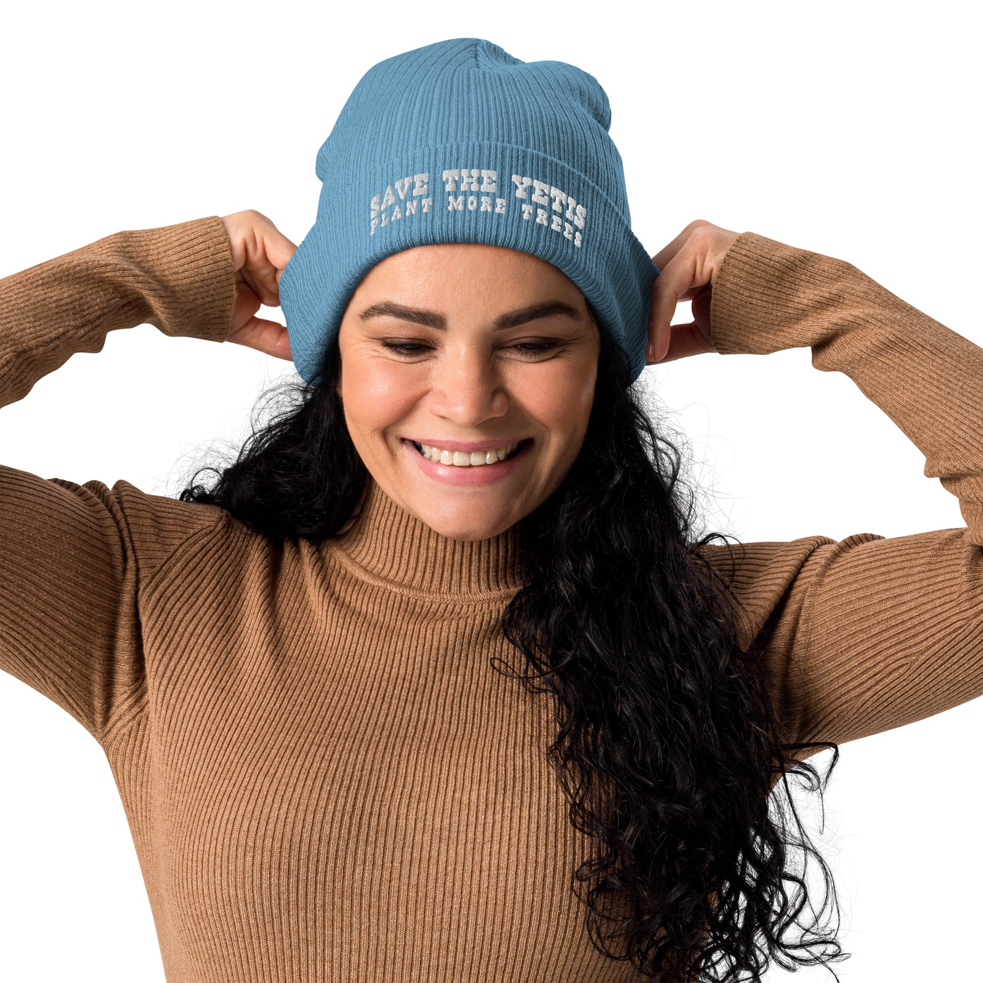 Organic ribbed beanie Save the Yetis, Plant more Trees White