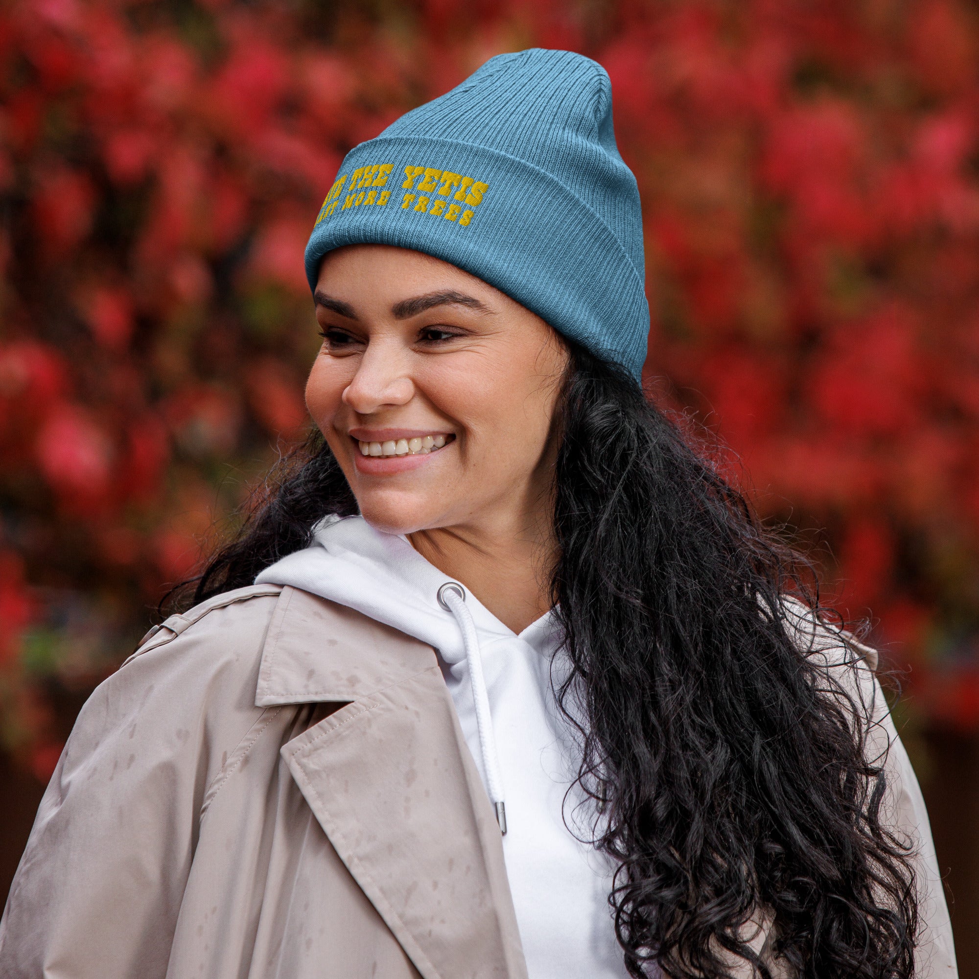 Organic ribbed beanie Save the Yetis, Plant more Trees Gold