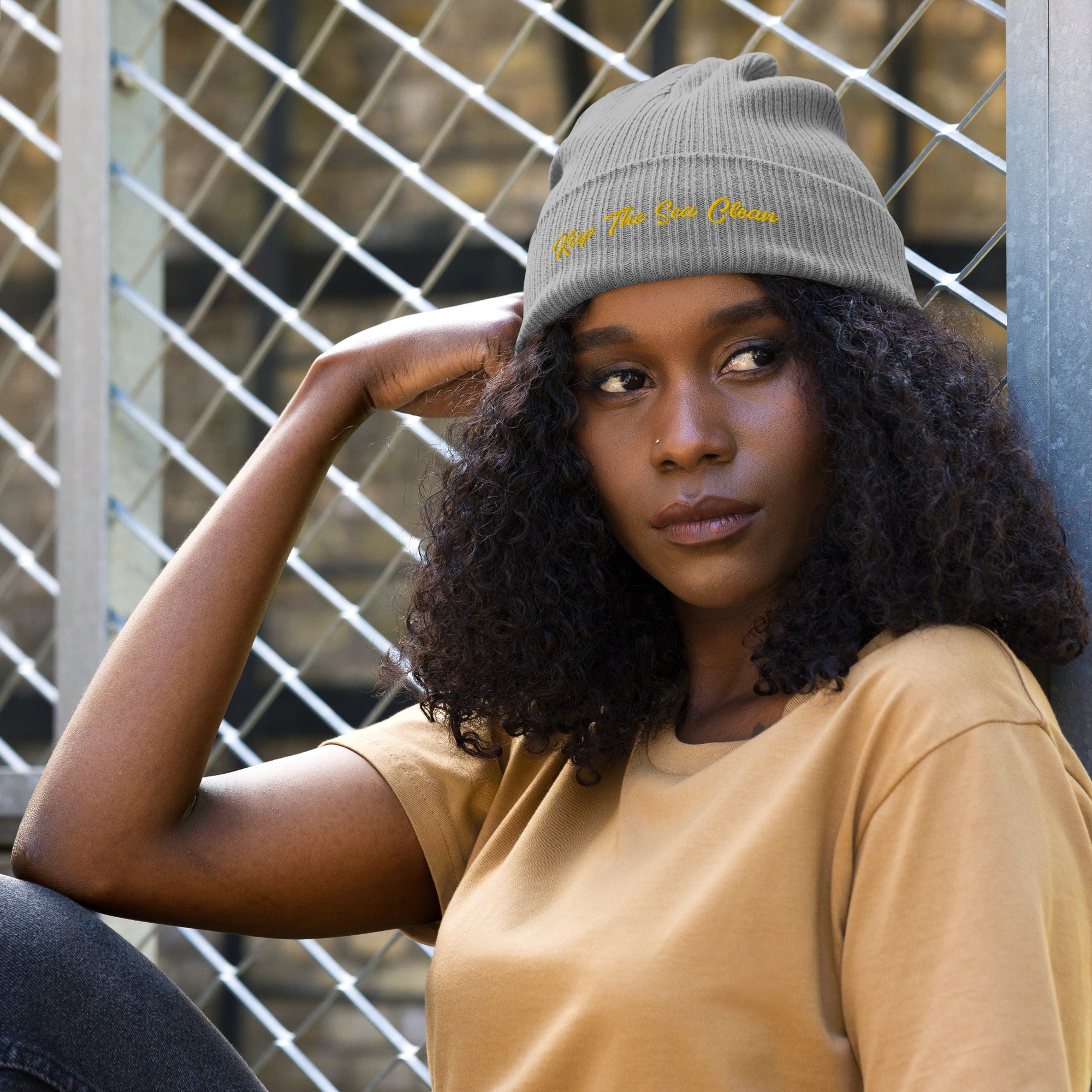 Organic ribbed beanie Keep The Sea Clean Gold