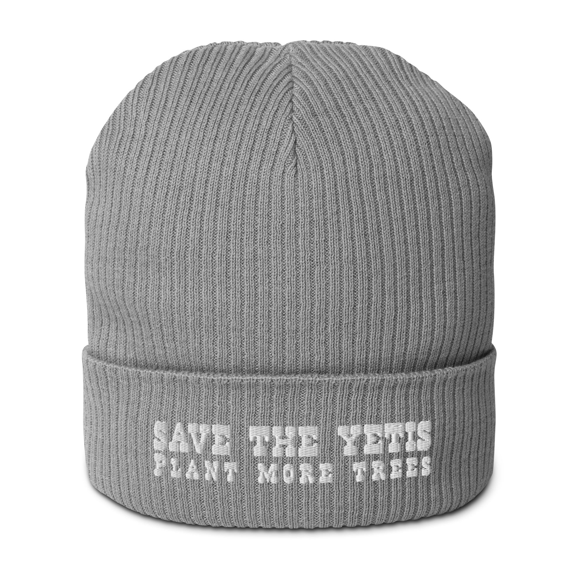 Organic ribbed beanie Save the Yetis, Plant more Trees White